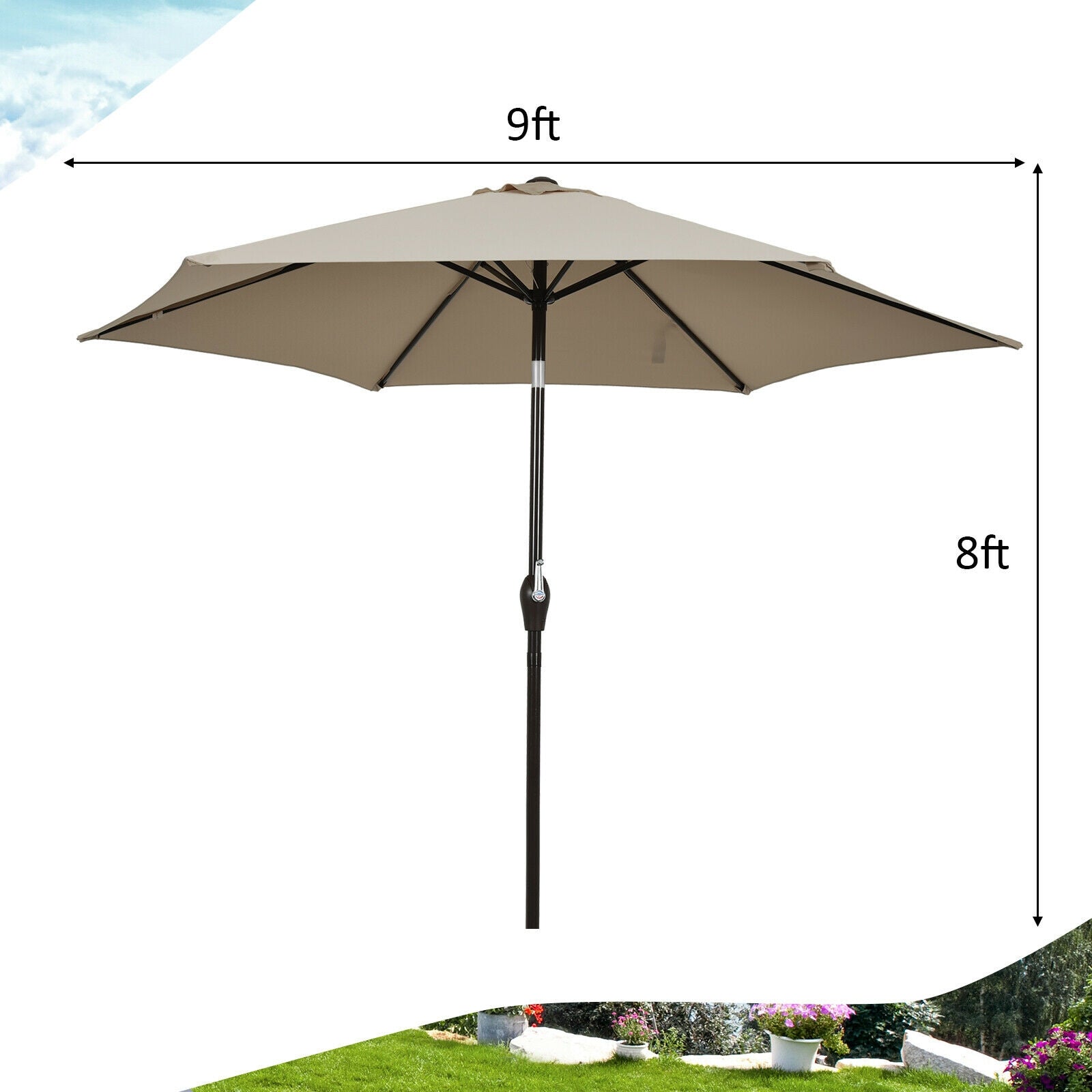 9FT Patio Umbrella Patio Market Steel Tilt W/ Crank Outdoor Yard Garden-Tan