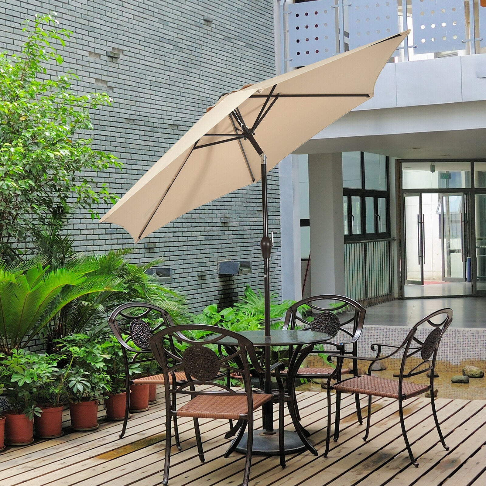 9FT Patio Umbrella Patio Market Steel Tilt W/ Crank Outdoor Yard Garden-beigeÂ 