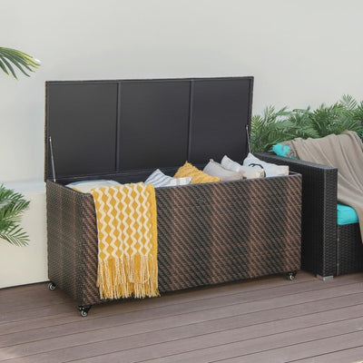 96 Gallon PE Wicker Outdoor Storage Box with 4 Wheels 
