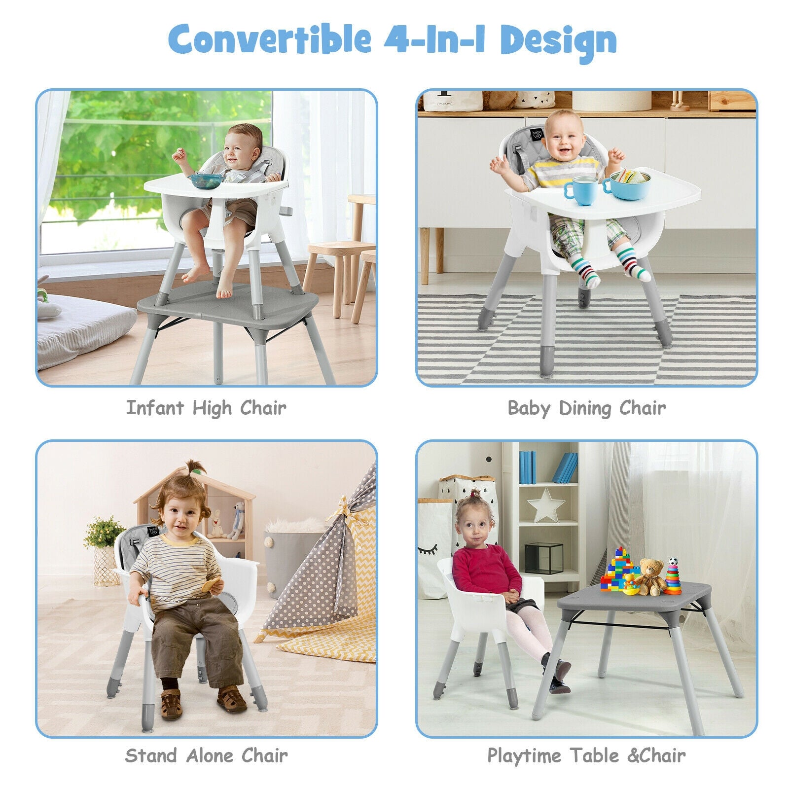 4-in-1 Baby Convertible Toddler Table Chair Set with PU Cushion-Gray 