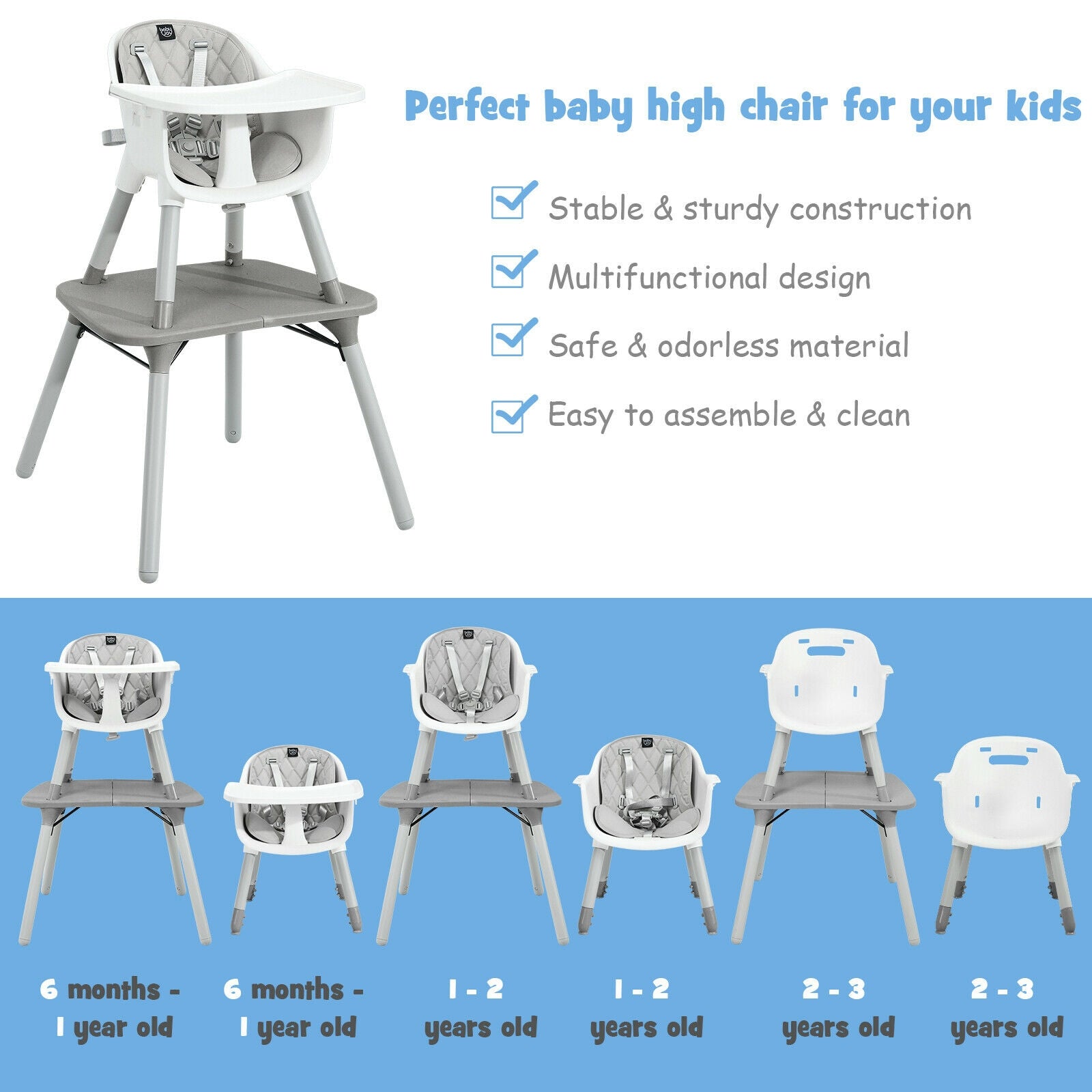 4-in-1 Baby Convertible Toddler Table Chair Set with PU Cushion-Gray 