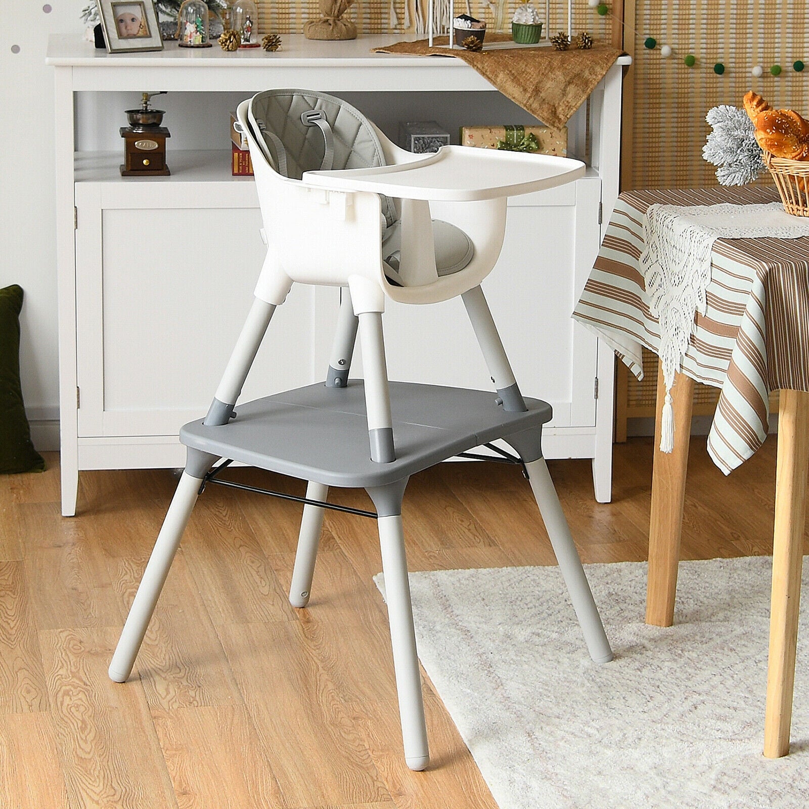 4-in-1 Baby Convertible Toddler Table Chair Set with PU Cushion-Gray 