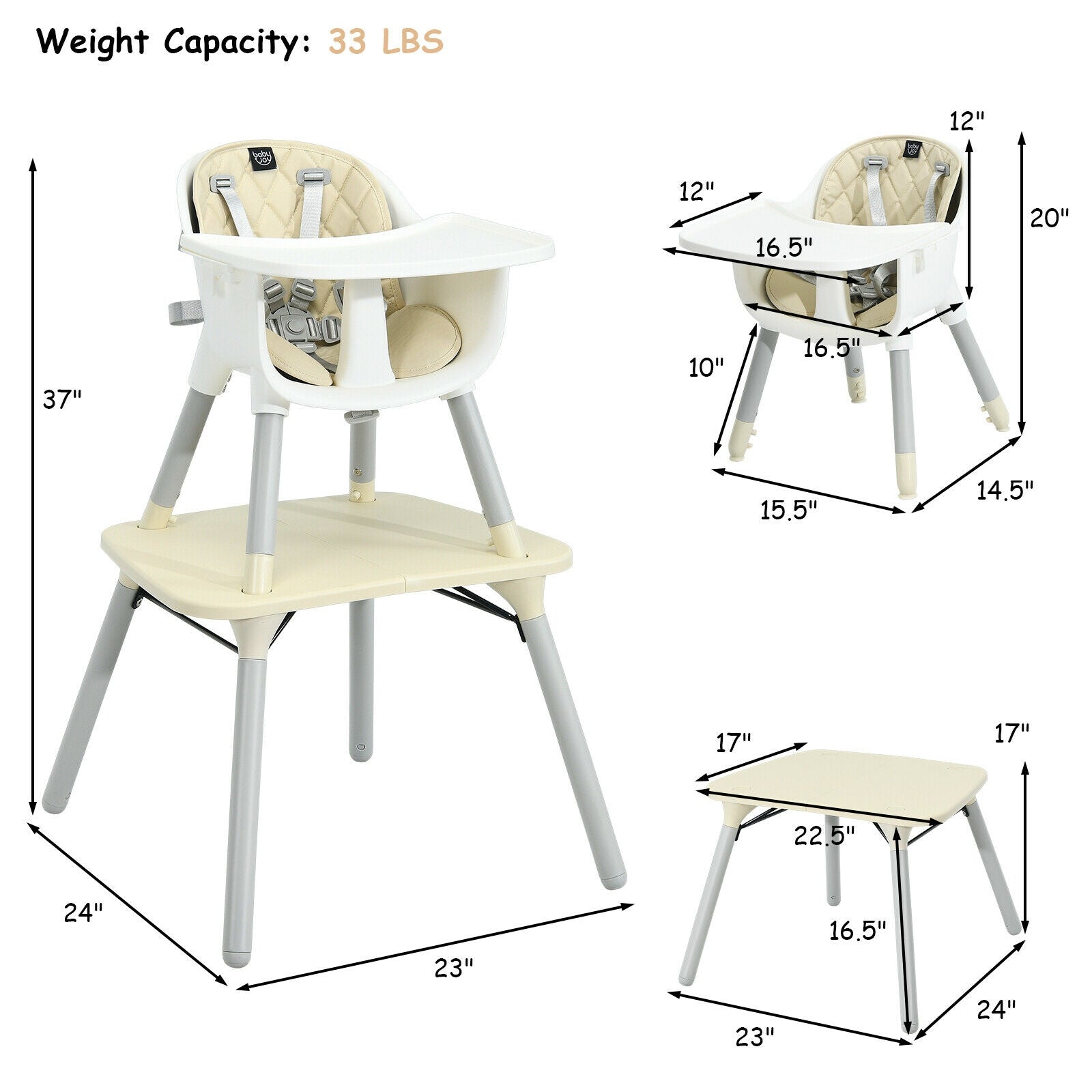 4-in-1 Baby Convertible Toddler Table Chair Set with PU Cushion-Beige 