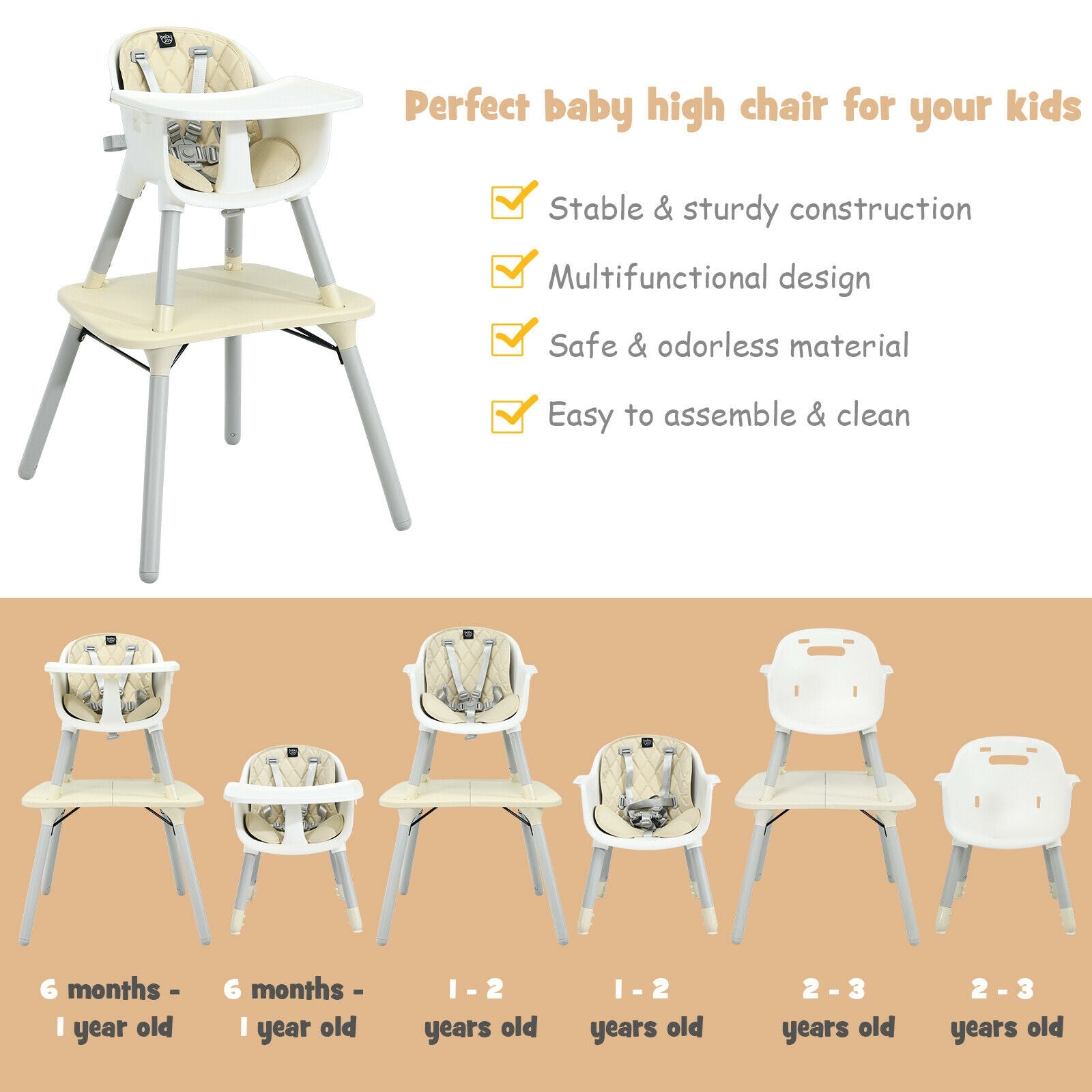 4-in-1 Baby Convertible Toddler Table Chair Set with PU Cushion-Beige