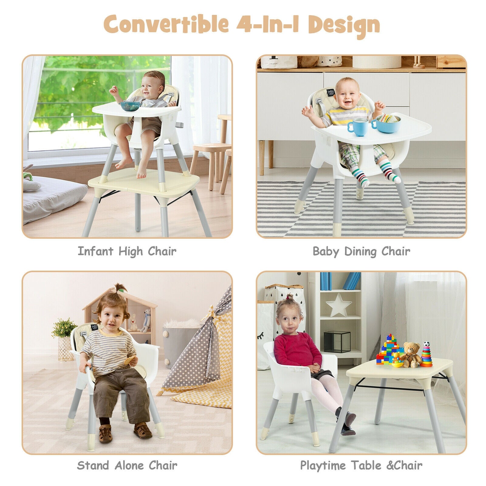 4-in-1 Baby Convertible Toddler Table Chair Set with PU Cushion-Beige 