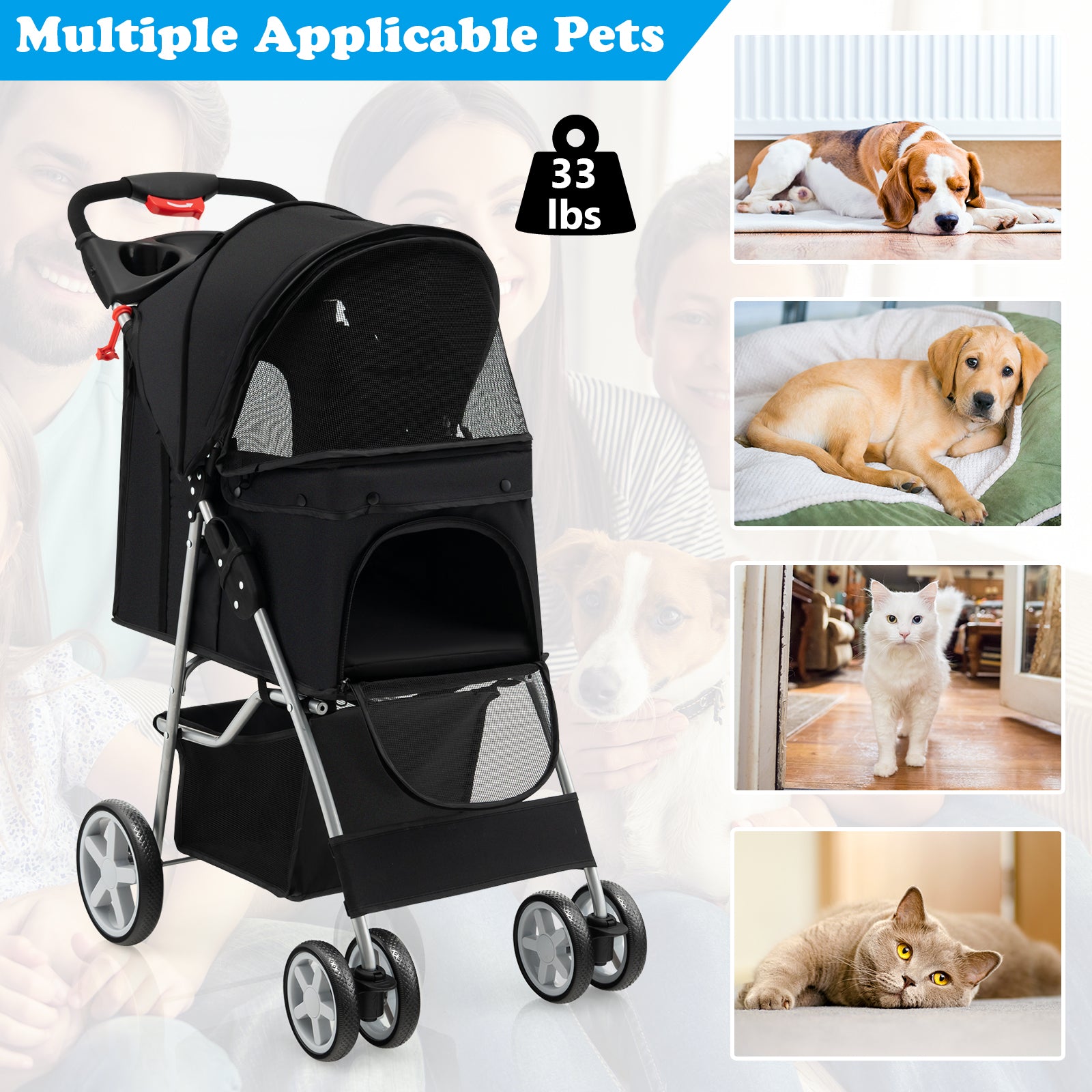 Folding Pet Stroller with Storage Basket and Adjustable Canopy-Black 