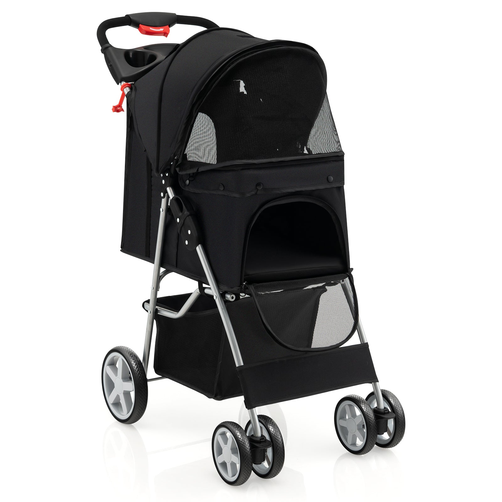 Folding Pet Stroller with Storage Basket and Adjustable Canopy-Black 