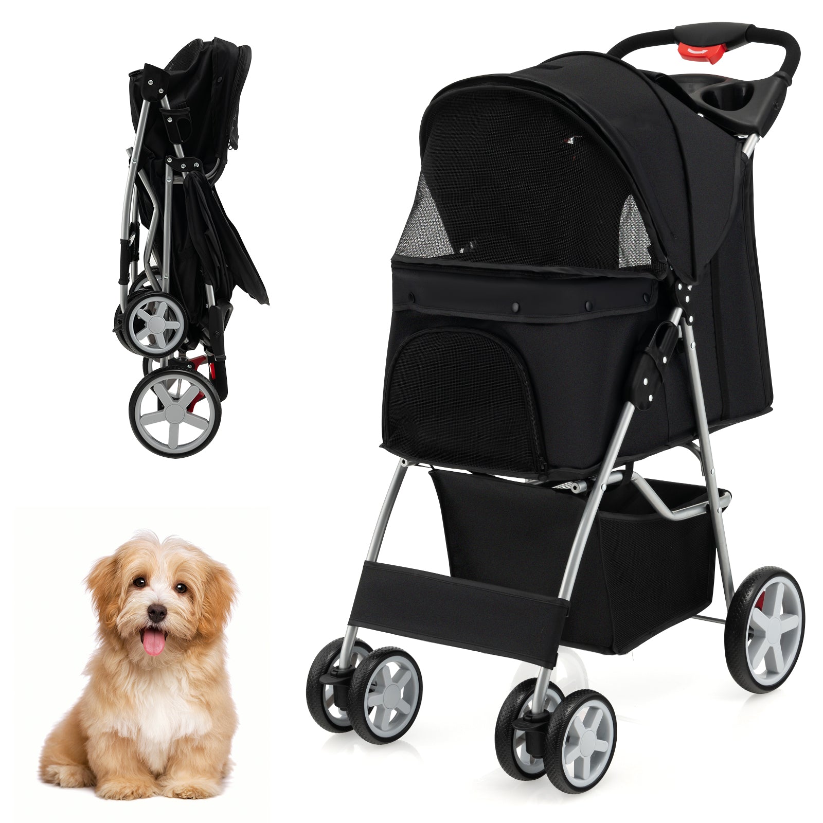 Folding Pet Stroller with Storage Basket and Adjustable Canopy-Black 