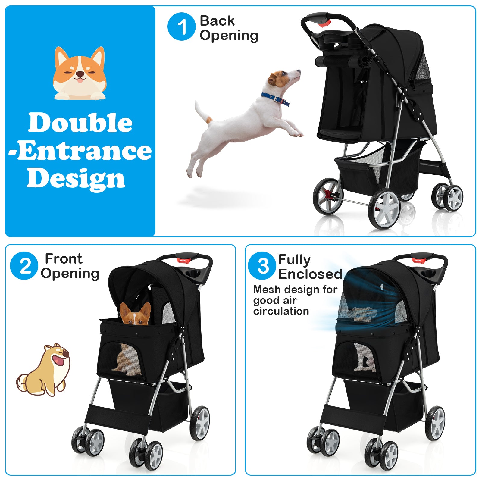 Folding Pet Stroller with Storage Basket and Adjustable Canopy-Black 