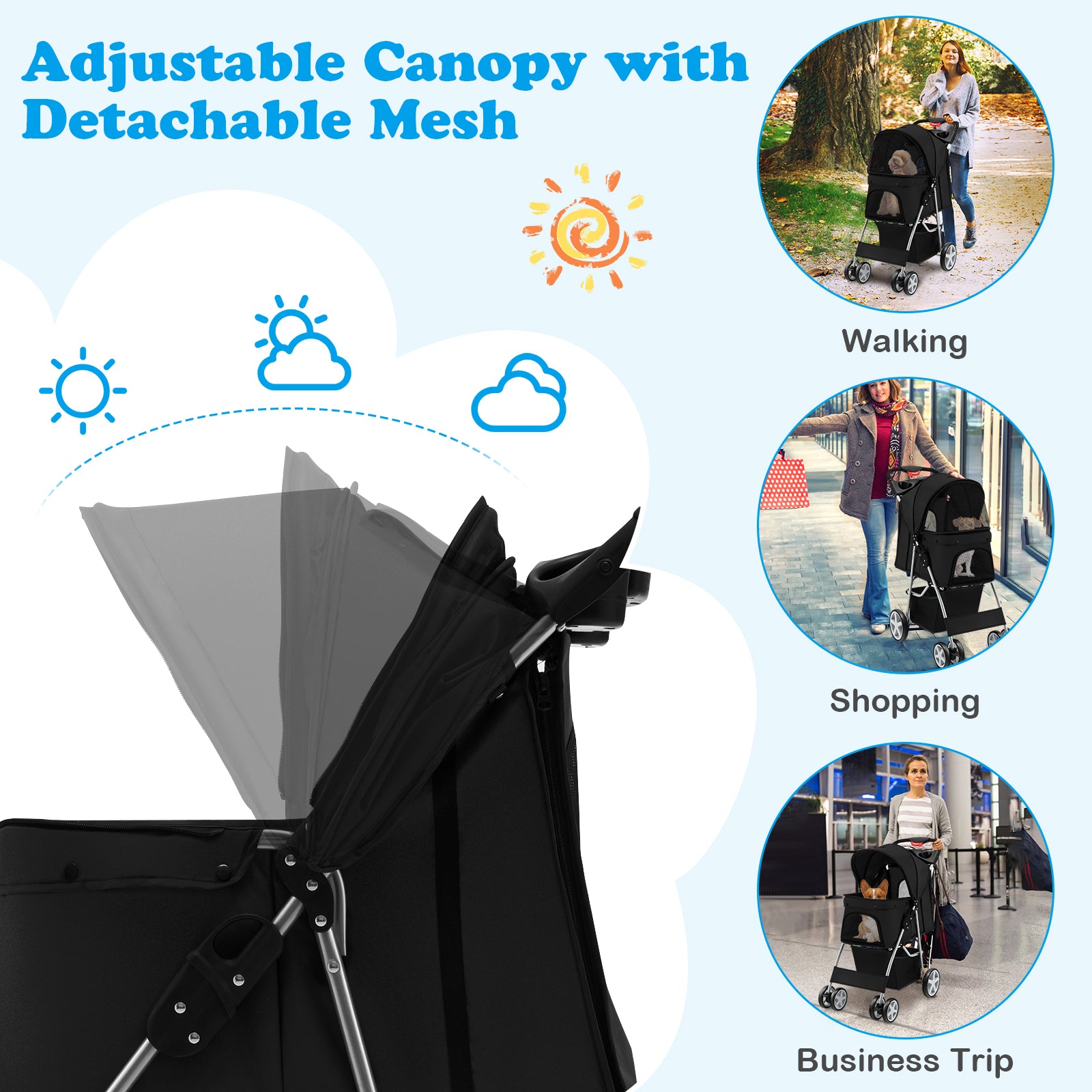 Folding Pet Stroller with Storage Basket and Adjustable Canopy-Black 