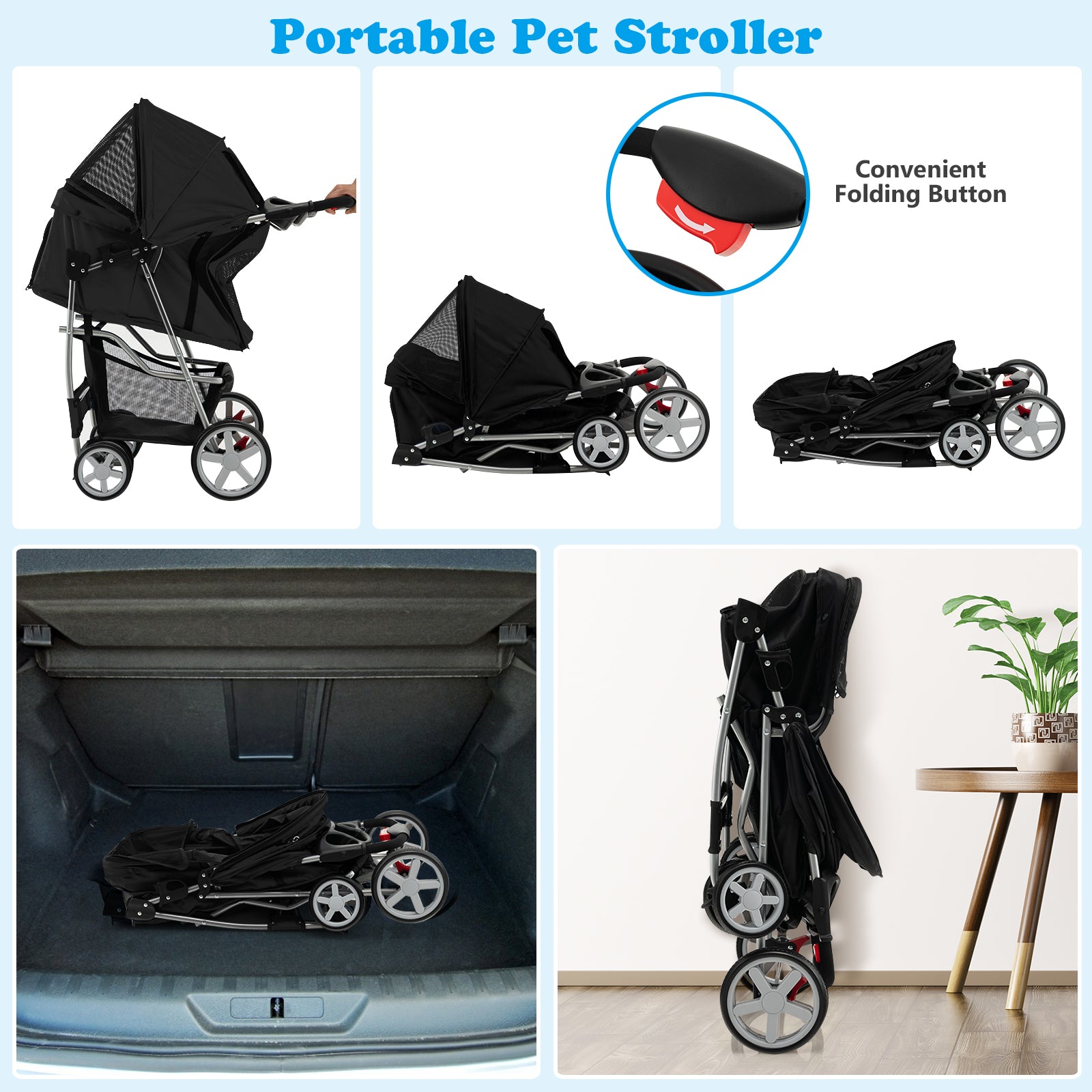 Folding Pet Stroller with Storage Basket and Adjustable Canopy-Black 