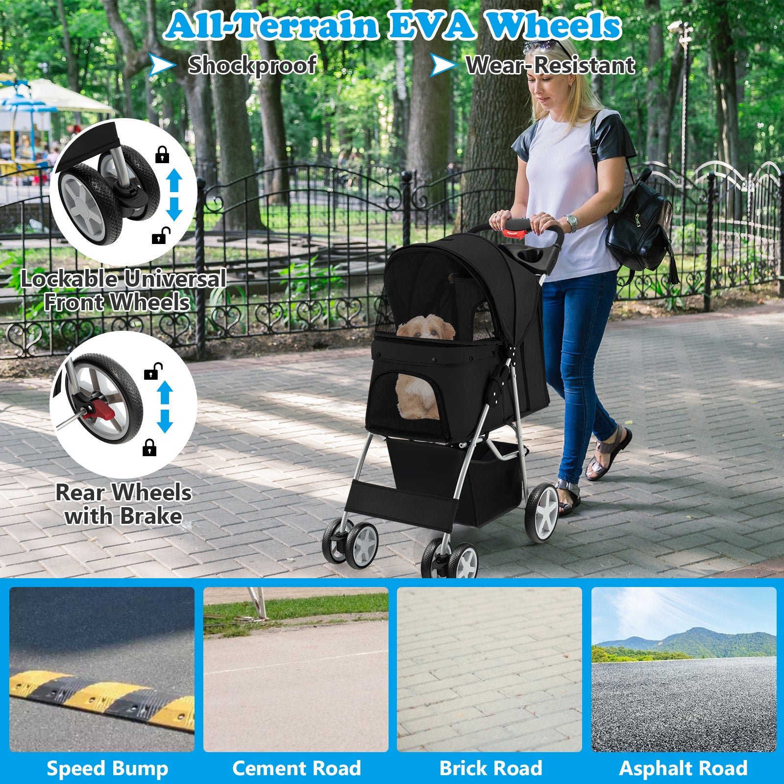 Folding Pet Stroller with Storage Basket and Adjustable Canopy-Black 