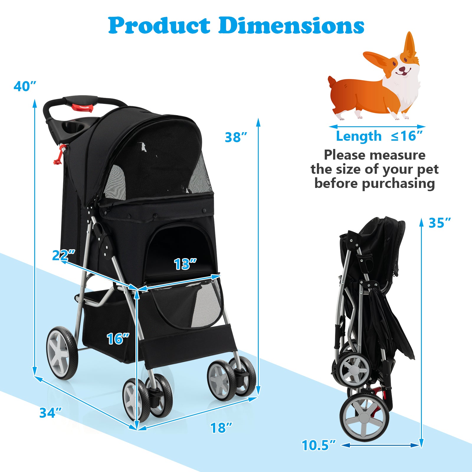 Folding Pet Stroller with Storage Basket and Adjustable Canopy-Black 