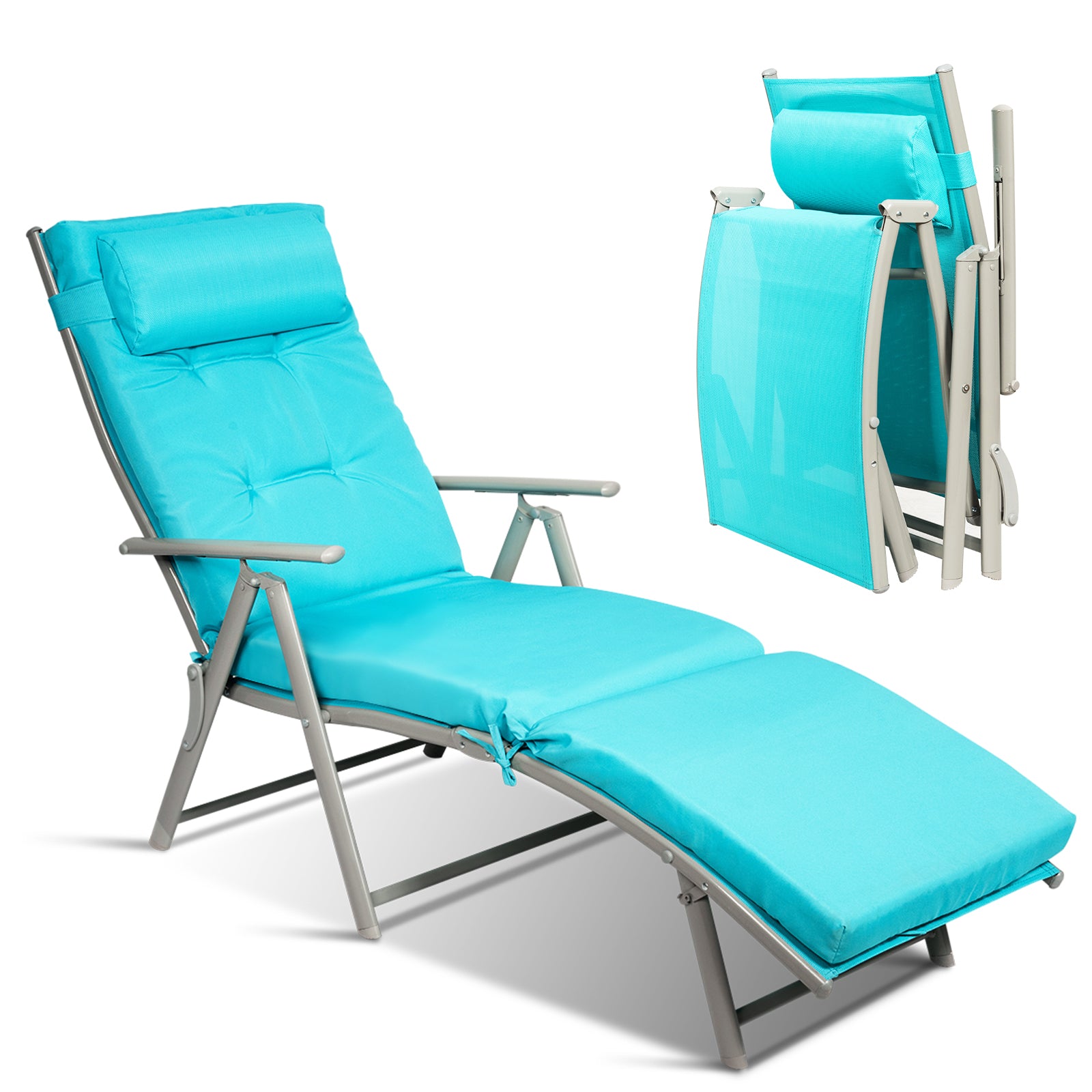 Adjustable Outdoor Lightweight Folding Chaise Lounge Chair with Pillow-Blue