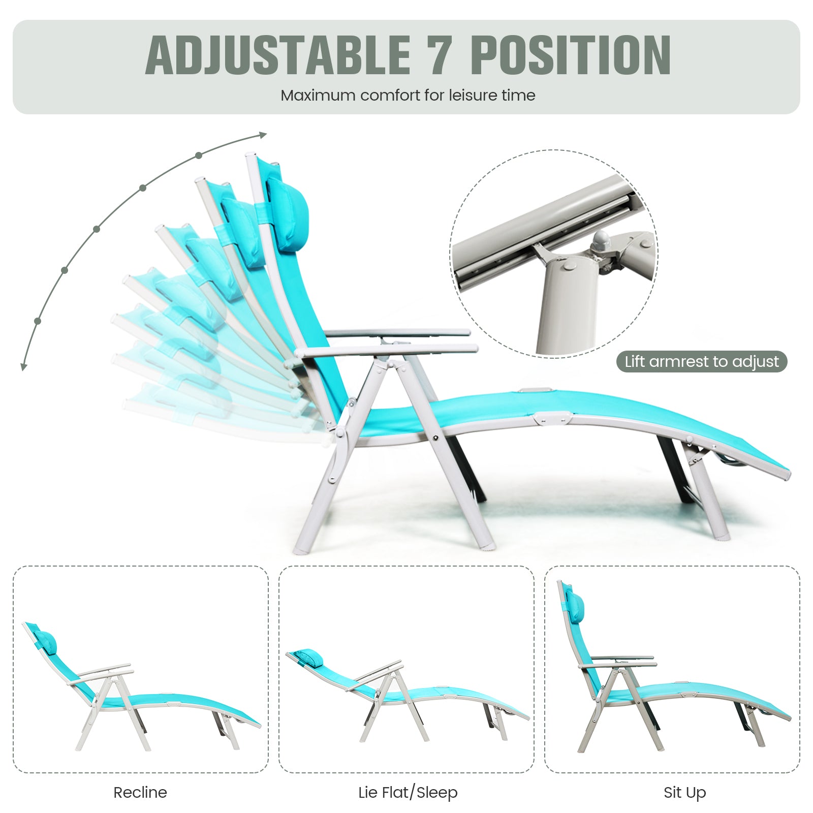 Adjustable Outdoor Lightweight Folding Chaise Lounge Chair with Pillow-Blue