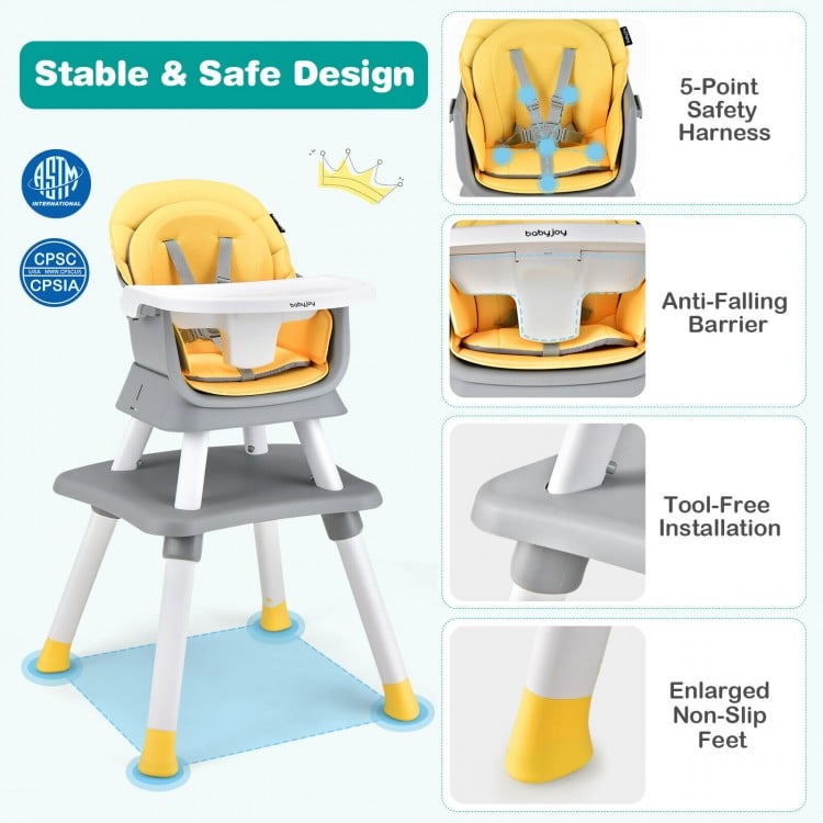 6-in-1 Convertible Baby High Chair with Adjustable Removable Tray-Yellow