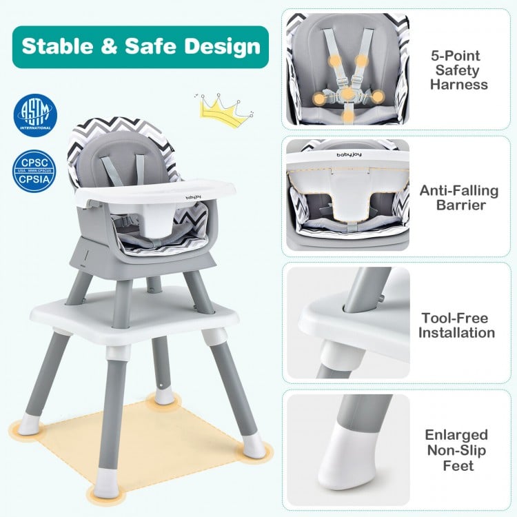 6-in-1 Convertible Baby High Chair with Adjustable Removable Tray-Gray & White