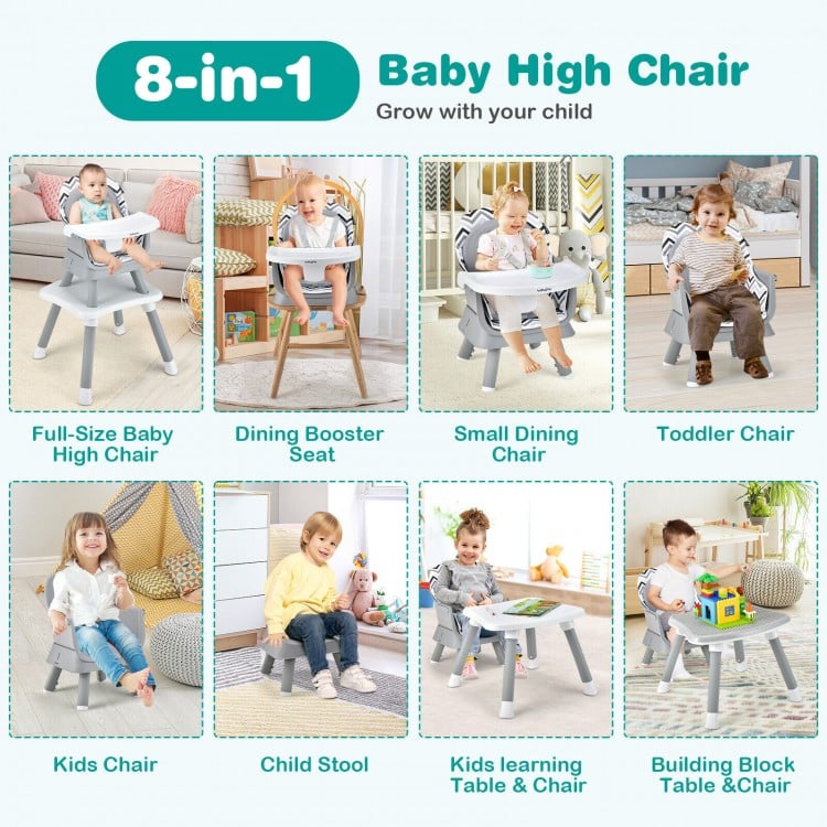 6-in-1 Convertible Baby High Chair with Adjustable Removable Tray-Gray & White