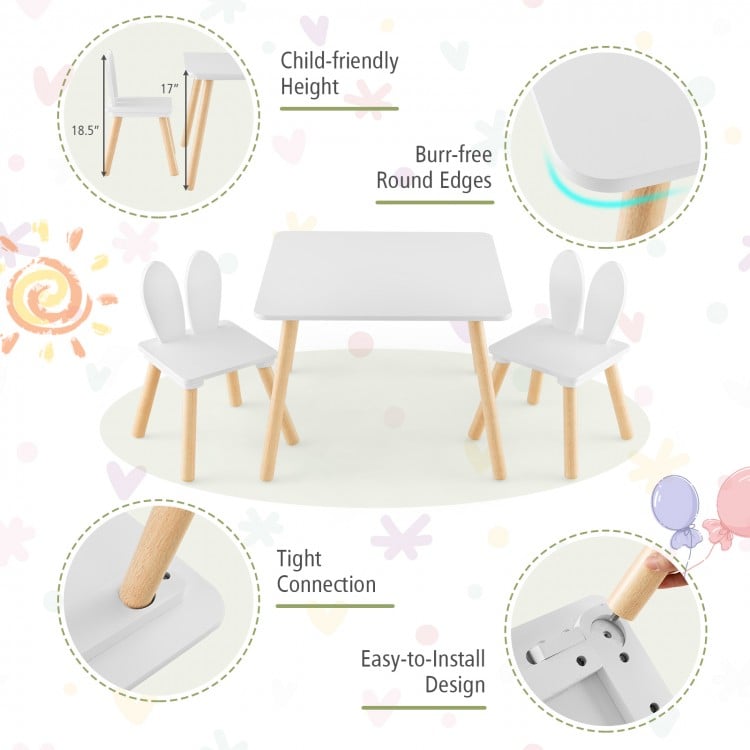 3 Pieces Kids Table and Chairs Set for Arts Crafts Snack Time-White