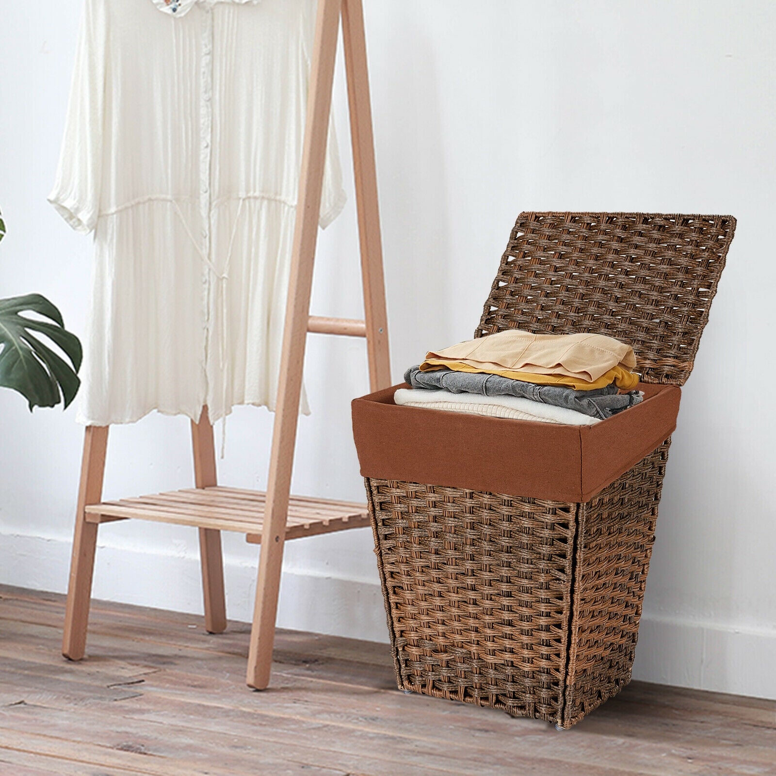 Foldable Handwoven Laundry Hamper with Removable Liner-Brown