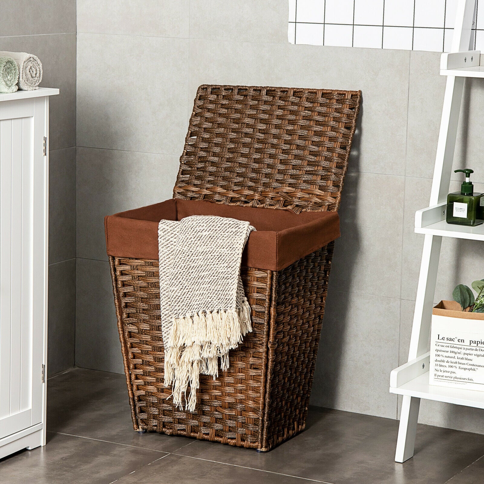 Foldable Handwoven Laundry Hamper with Removable Liner-BrownÂ 