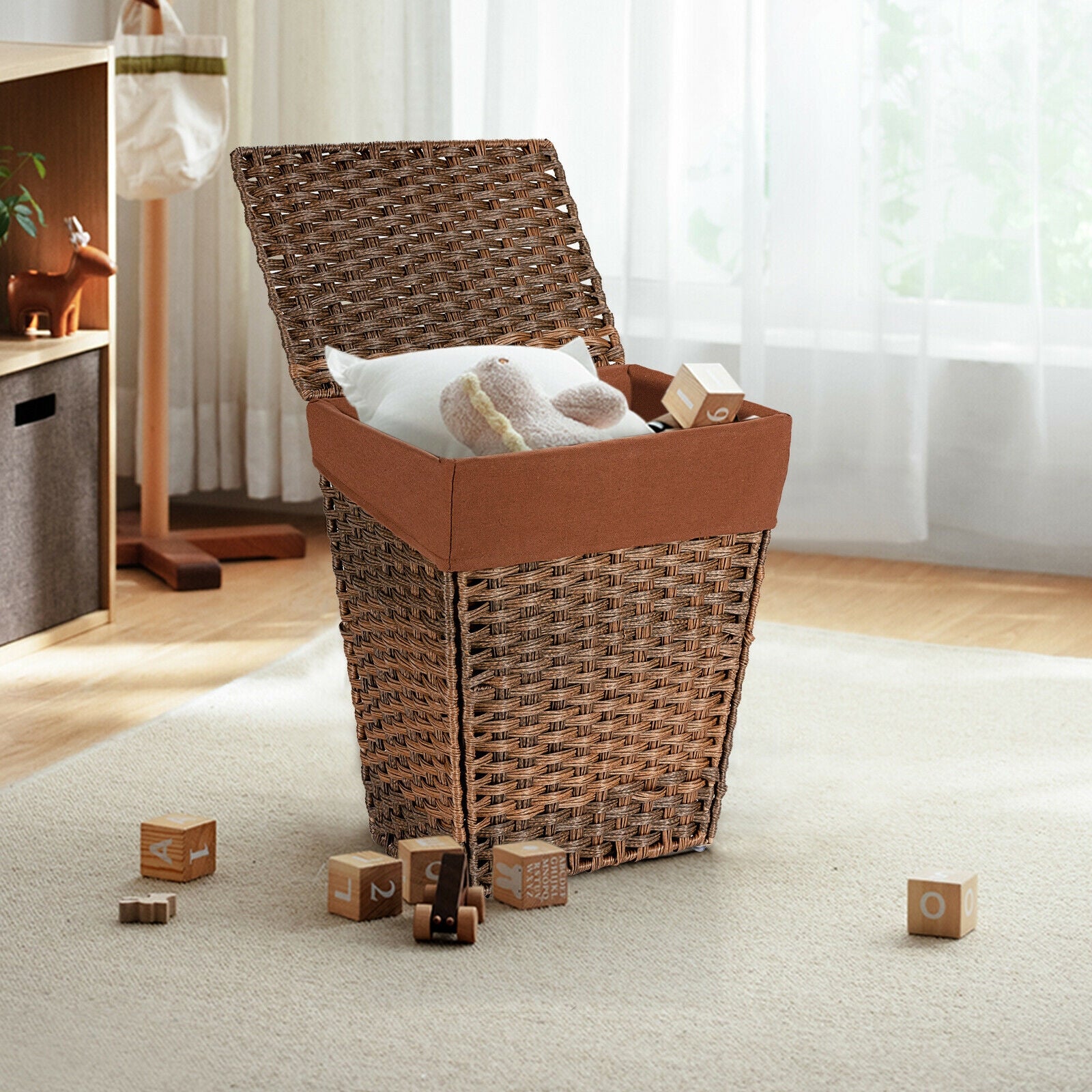 Foldable Handwoven Laundry Hamper with Removable Liner-Brown