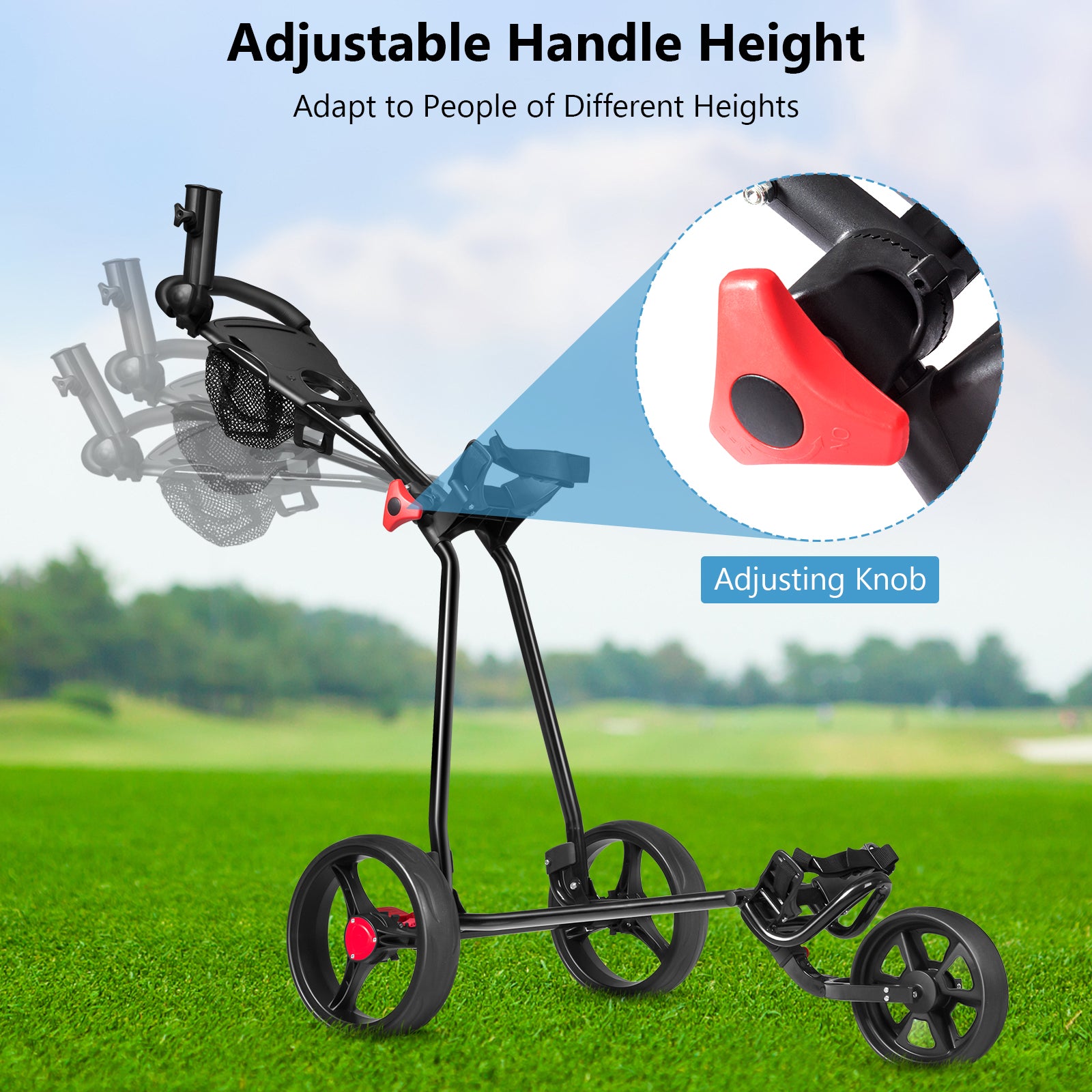 3 Wheel Durable Foldable Steel Golf Cart with Mesh BagÂ 
