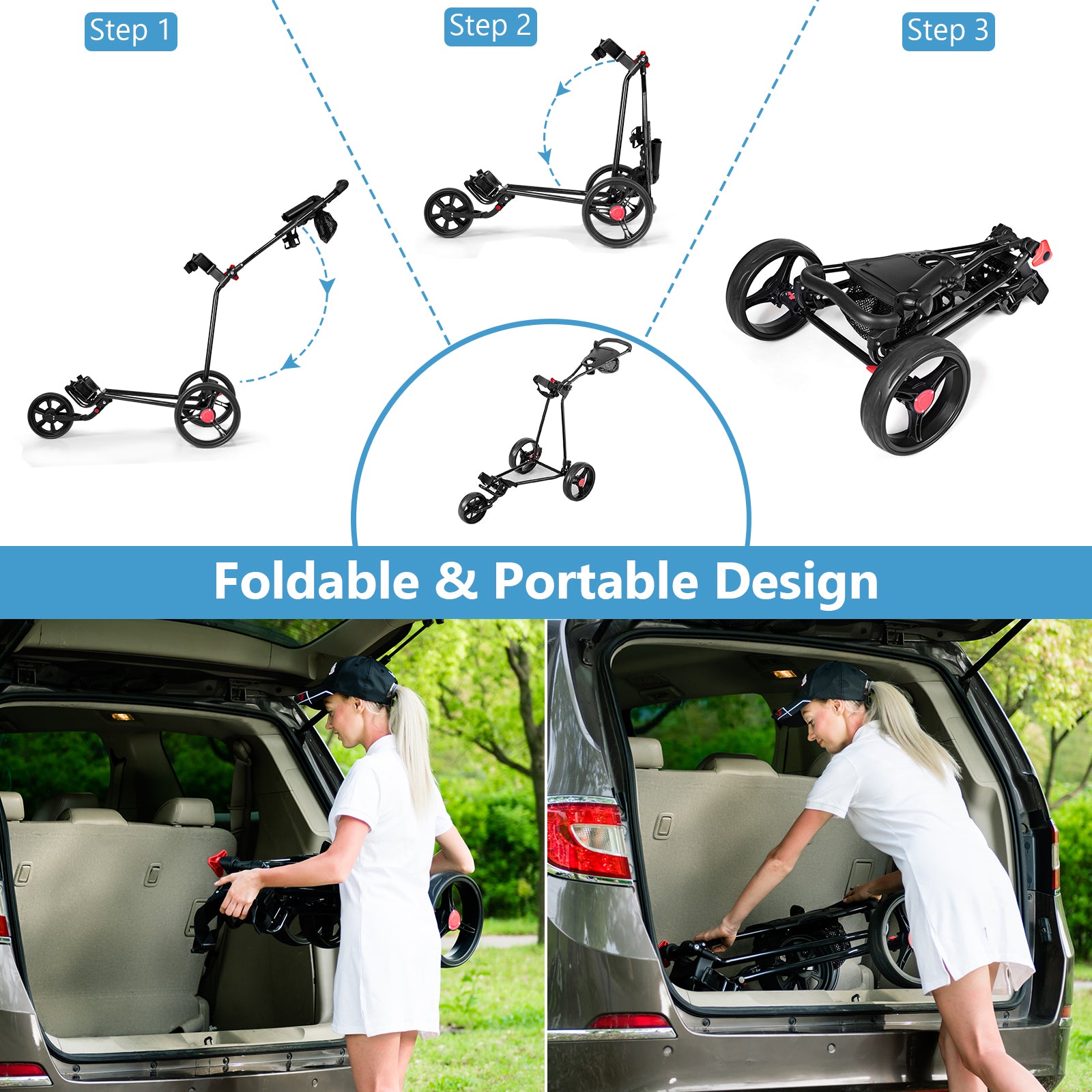 3 Wheel Durable Foldable Steel Golf Cart with Mesh BagÂ 