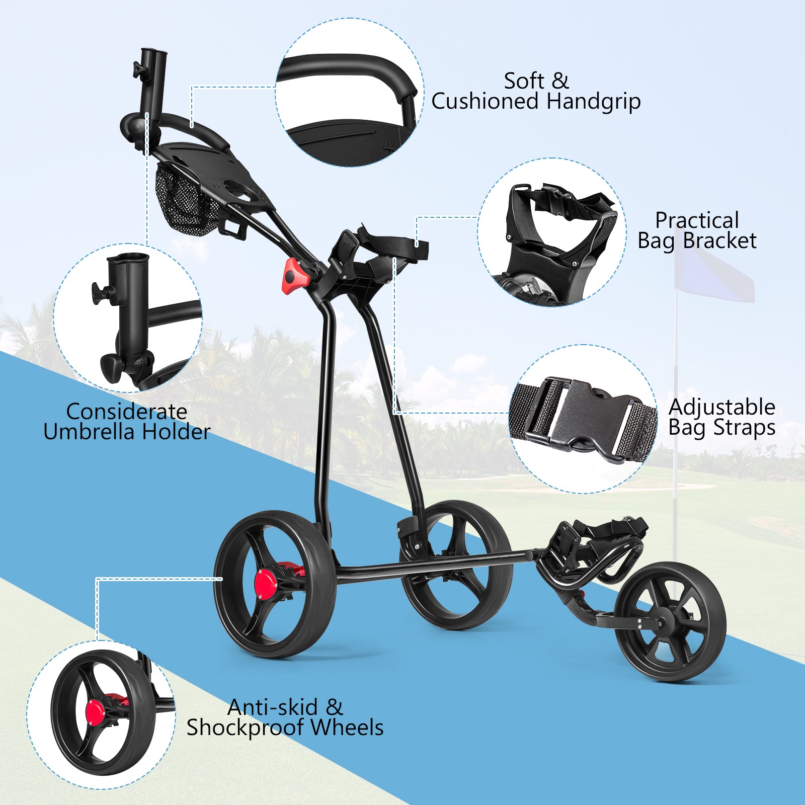 3 Wheel Durable Foldable Steel Golf Cart with Mesh BagÂ 
