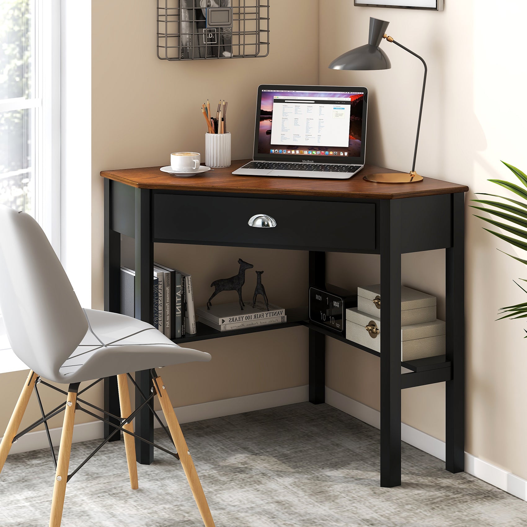 Corner Wooden Piece Laptop Computer Desk-CoffeeÂ 