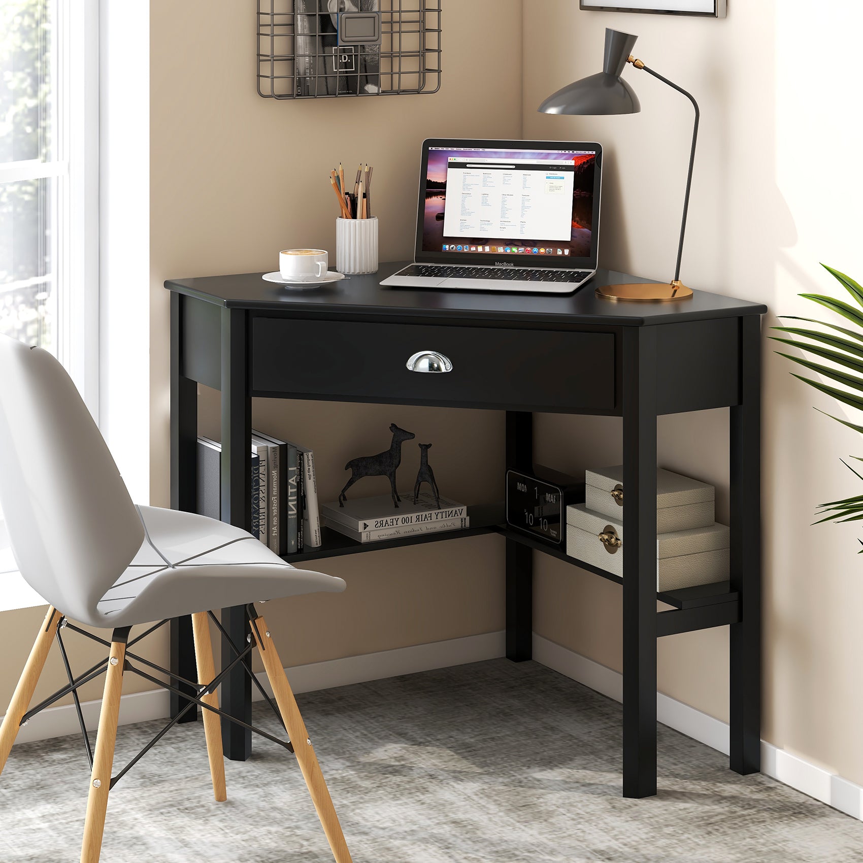 Corner Wooden Piece Laptop Computer Desk-BlackÂ 