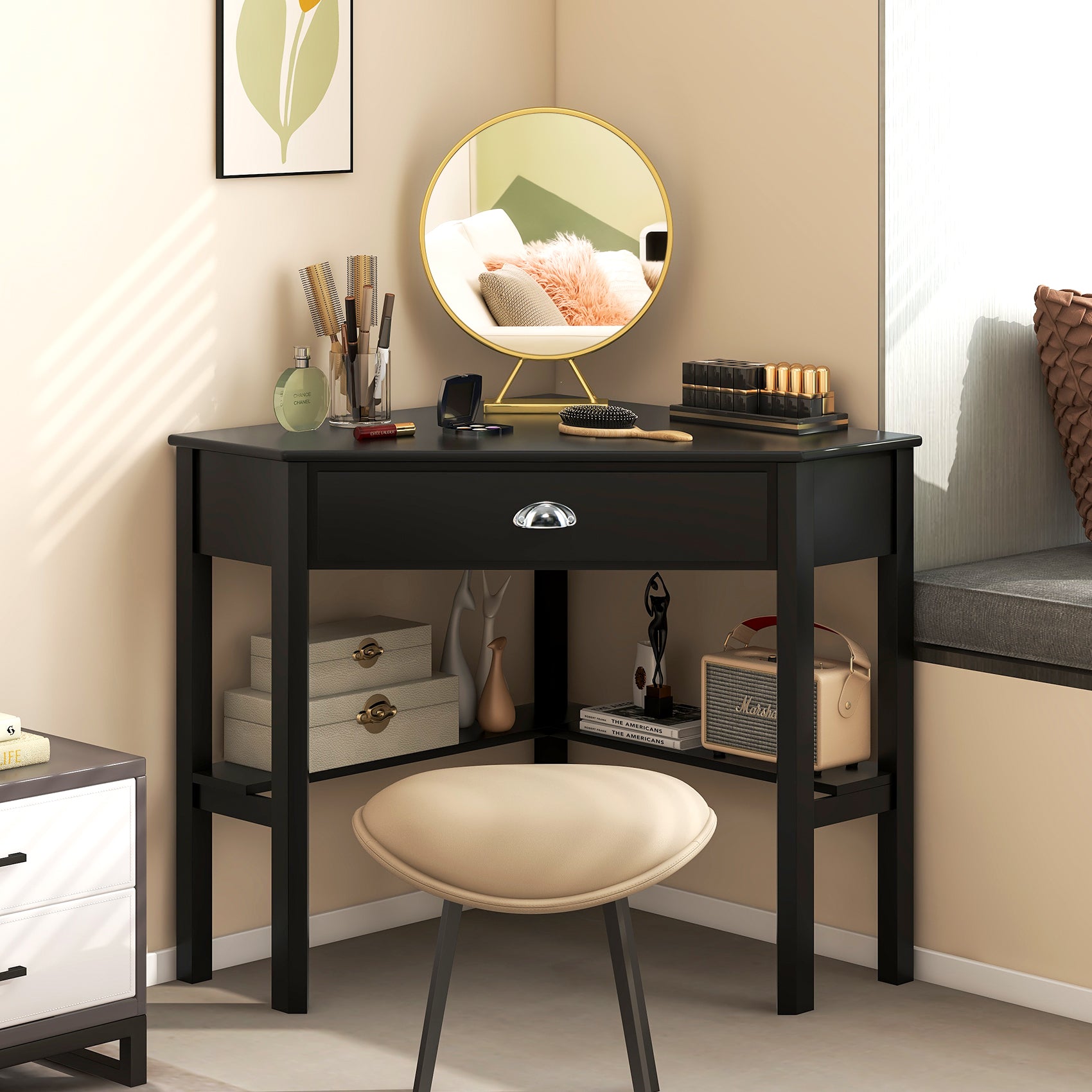 Corner Wooden Piece Laptop Computer Desk-BlackÂ 