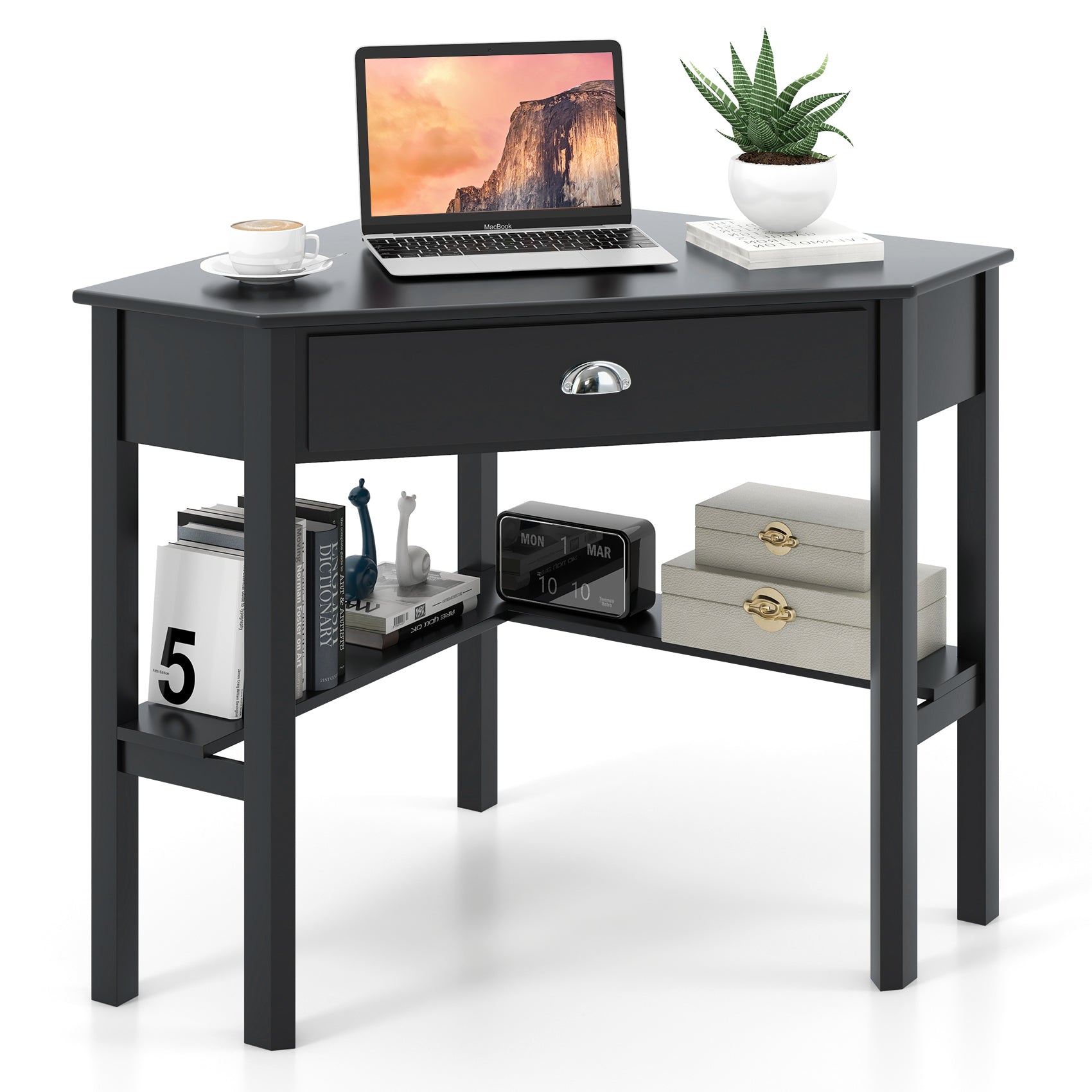 Corner Wooden Piece Laptop Computer Desk-BlackÂ 