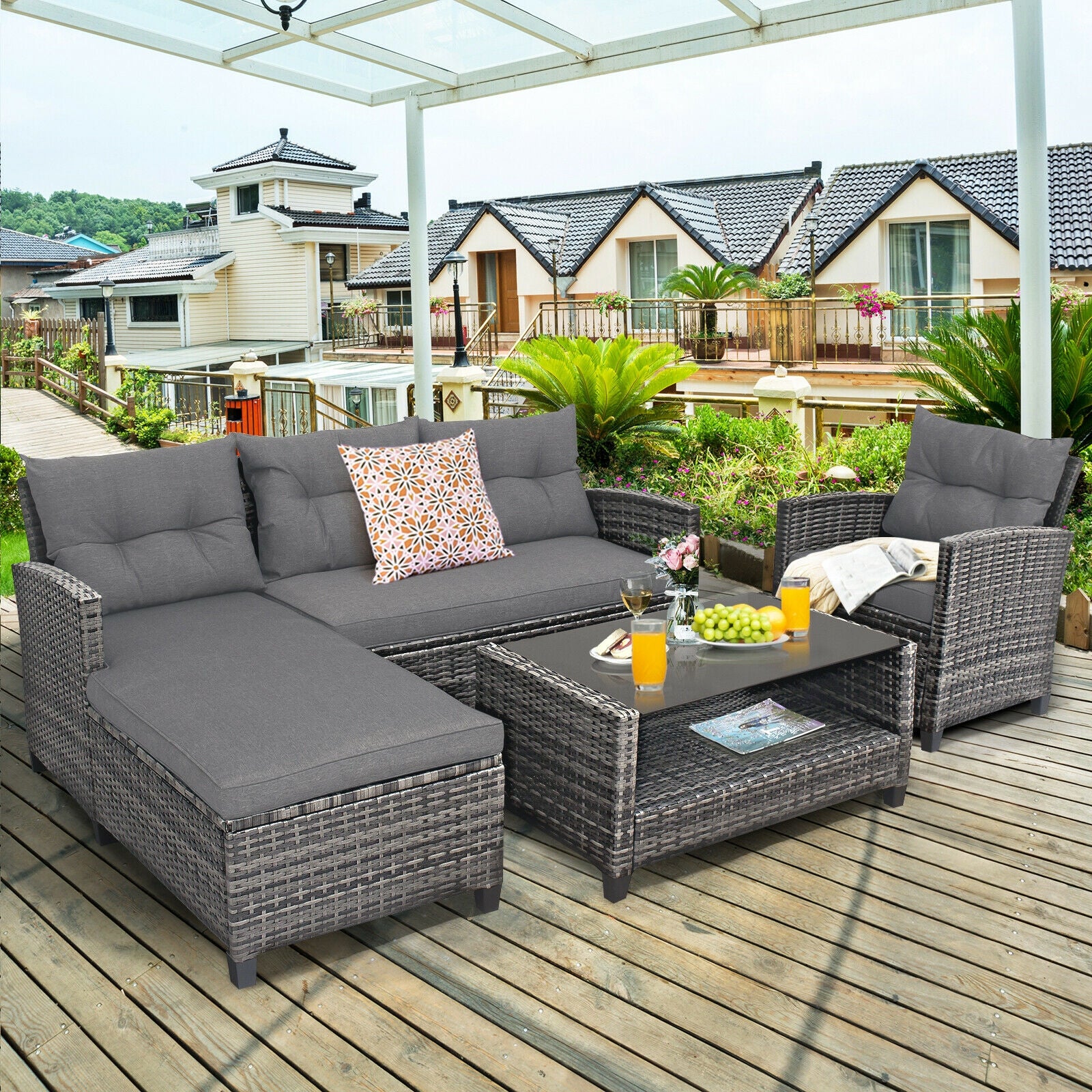 4 Pieces Patio Rattan Furniture Set with Cushion and Table Shelf-Gray 