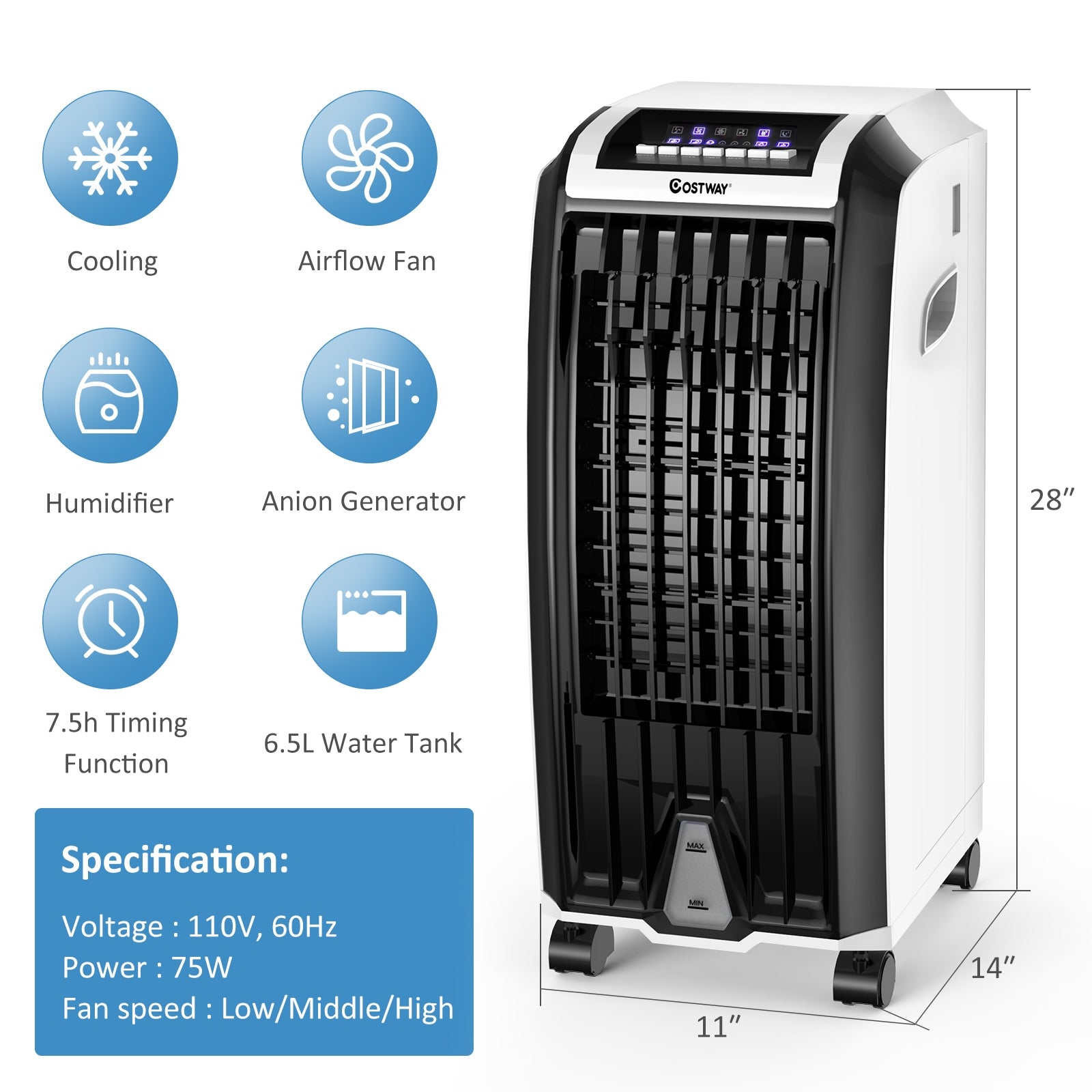 Portable Evaporative Air Cooler with 3 Wind Modes and Timer for Home OfficeÂ 