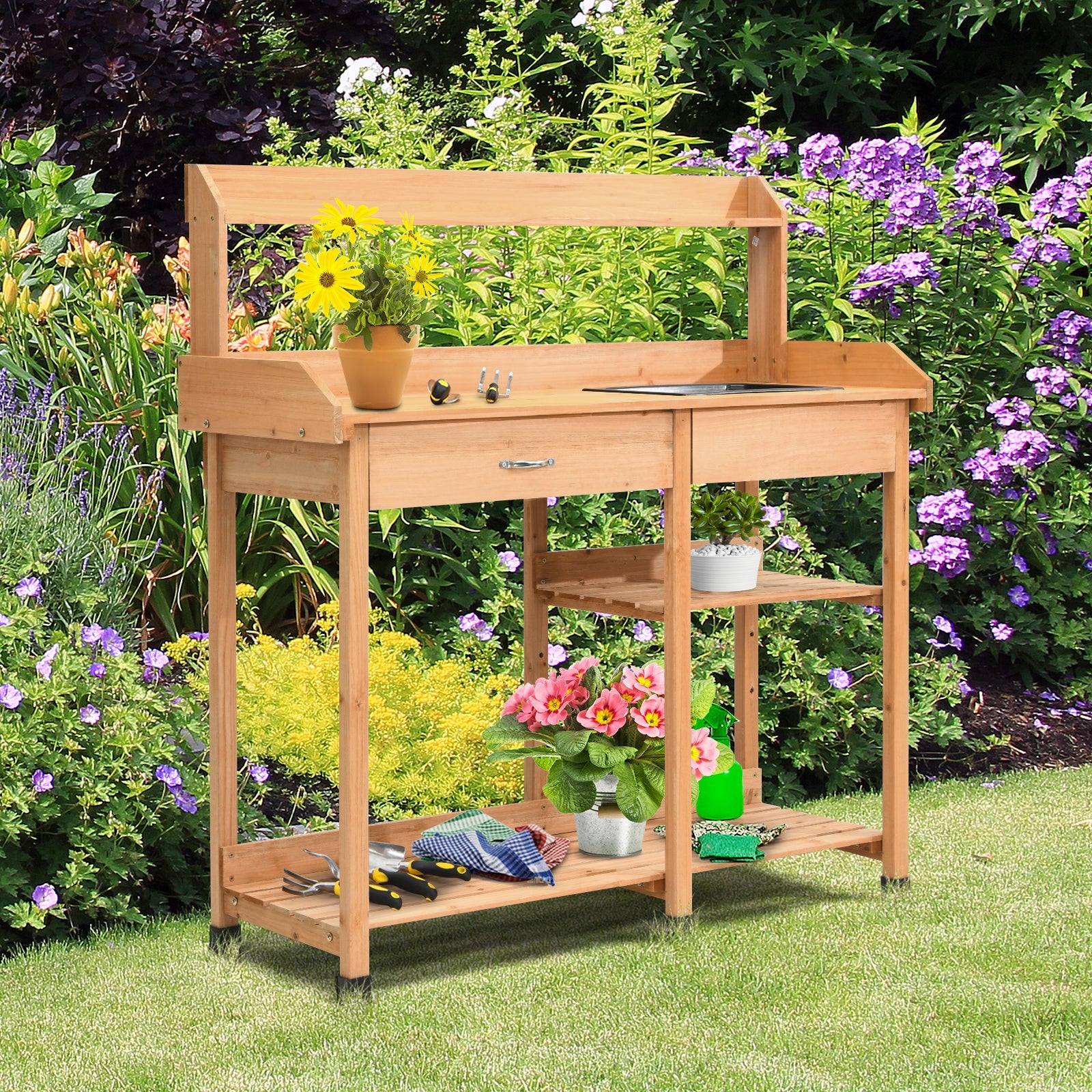 Outdoor Lawn Patio Potting Bench Storage Table ShelfÂ 