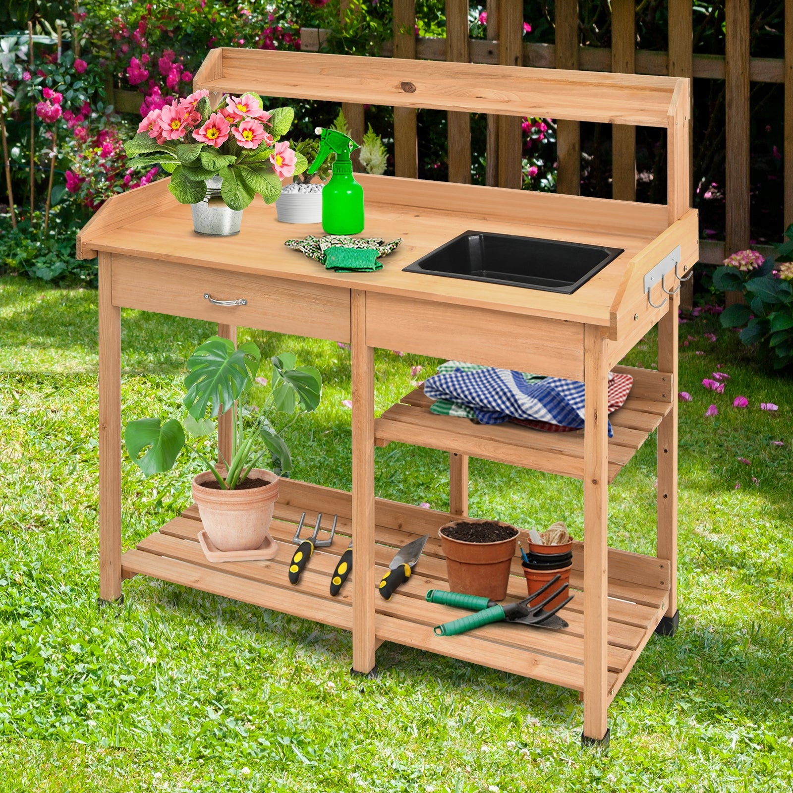 Outdoor Lawn Patio Potting Bench Storage Table ShelfÂ 