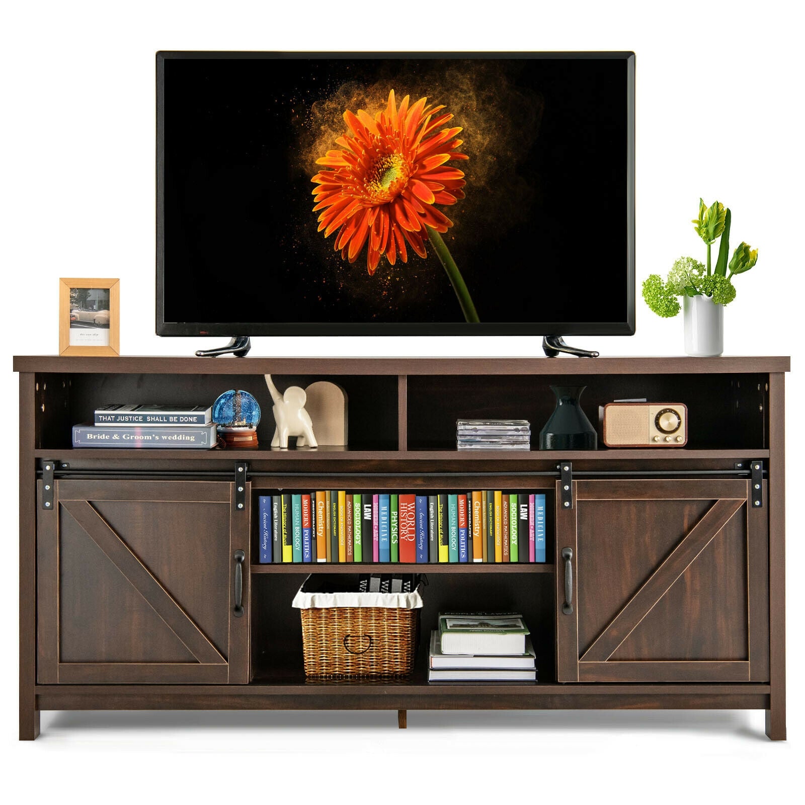 59 Inch Sliding Barn Door TV Stand with Adjustable Shelves for TVs up to 65 Inch-Brown