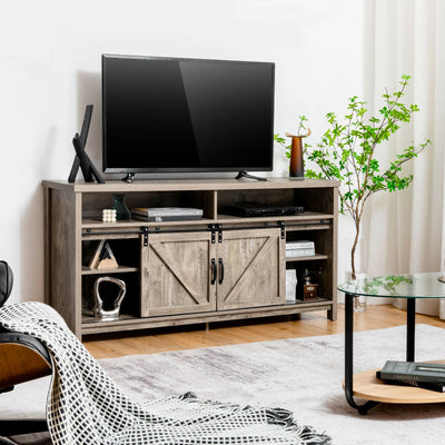 59 Inch Sliding Barn Door TV Stand with Adjustable Shelves for TVs up to 65 Inch-Light Brown 