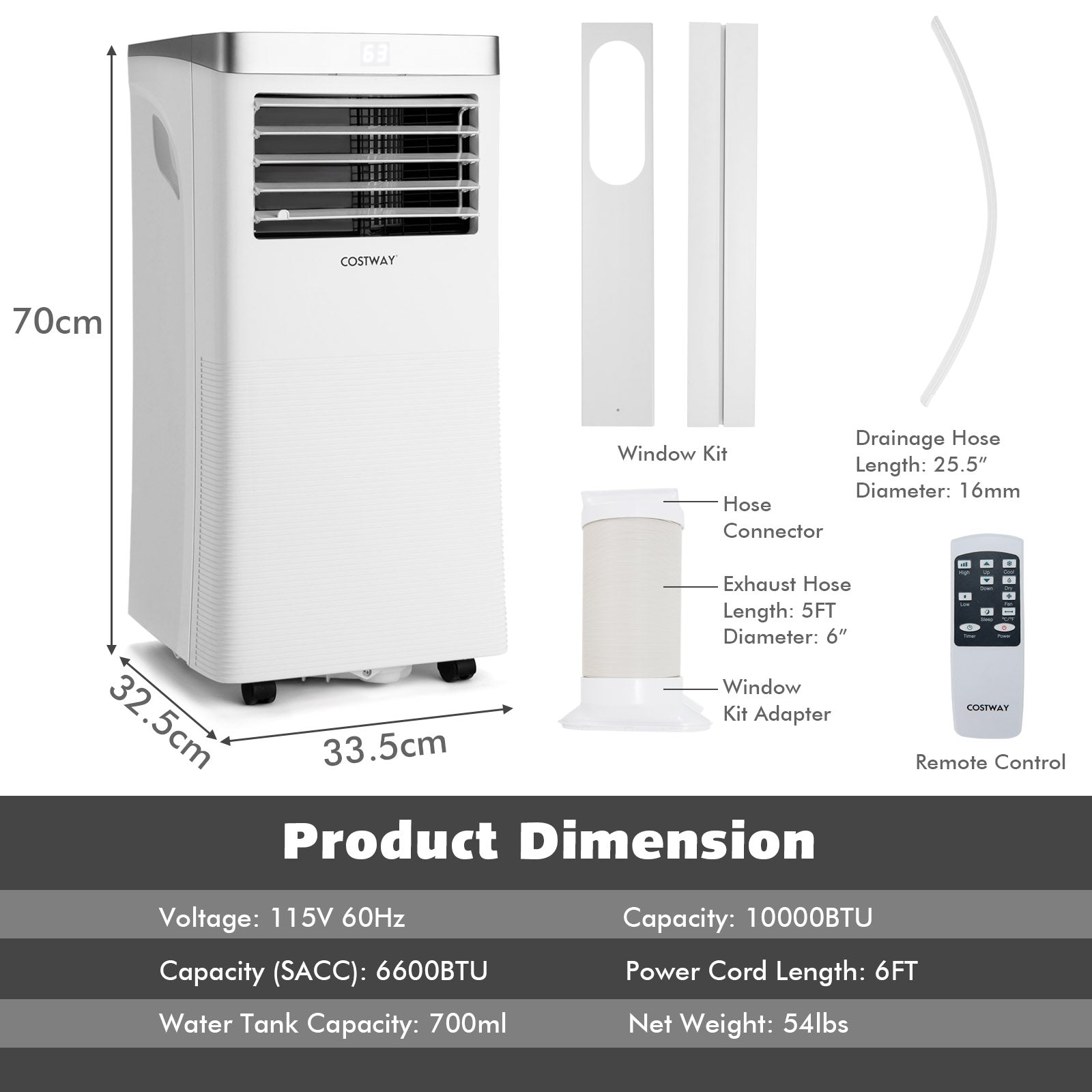 10000BTU 3-in-1 Portable Air Conditioner with Remote Control-White 