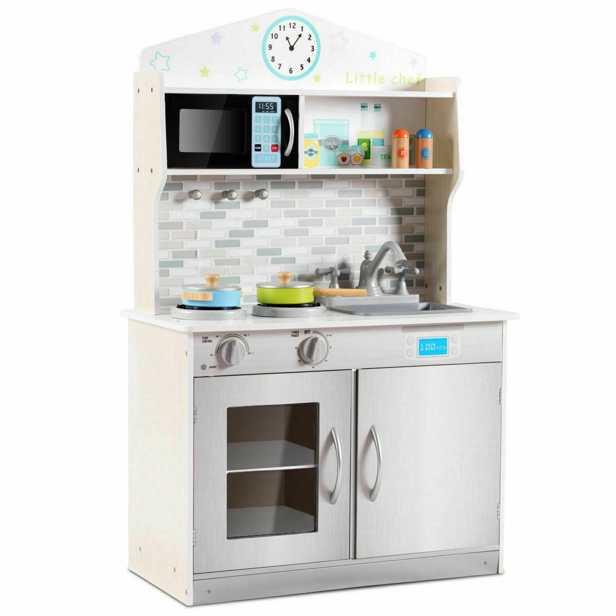 Kids Wooden Pretend Cooking Playset Cookware Kitchen-BeigeÂ 