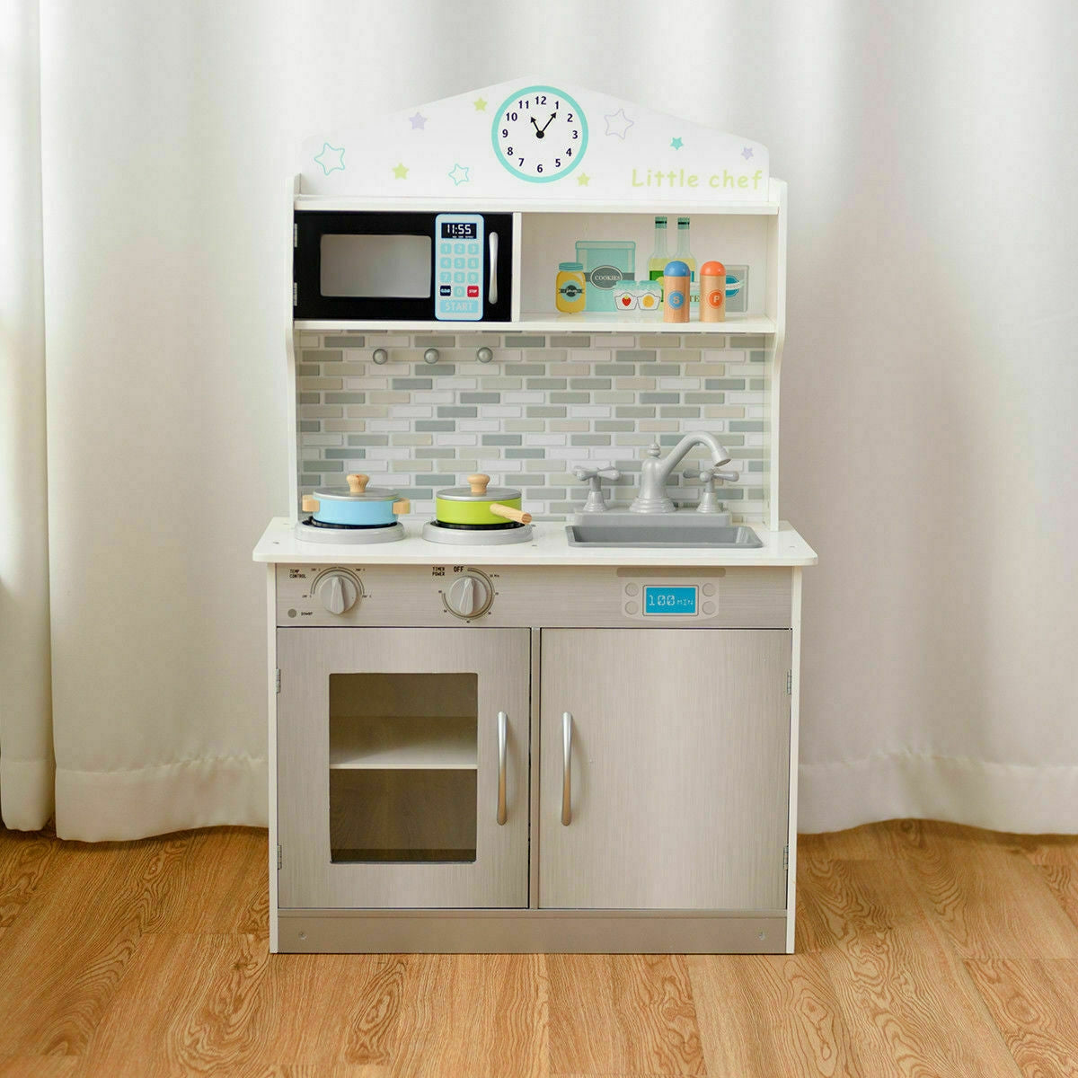 Kids Wooden Pretend Cooking Playset Cookware Kitchen-BeigeÂ 