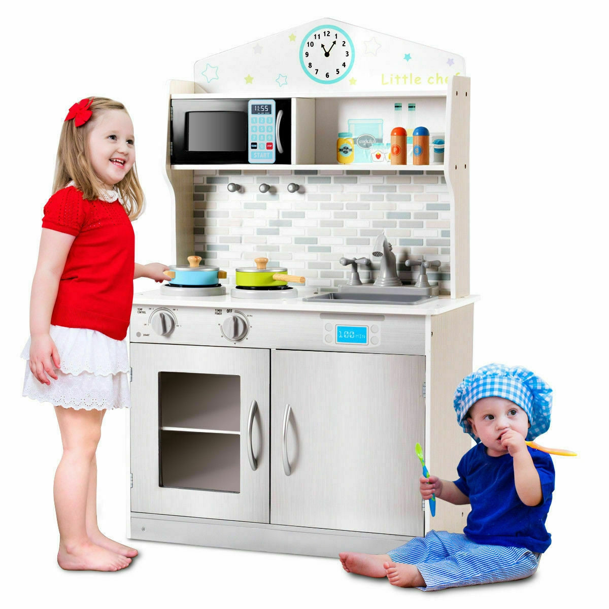 Kids Wooden Pretend Cooking Playset Cookware Kitchen-BeigeÂ 
