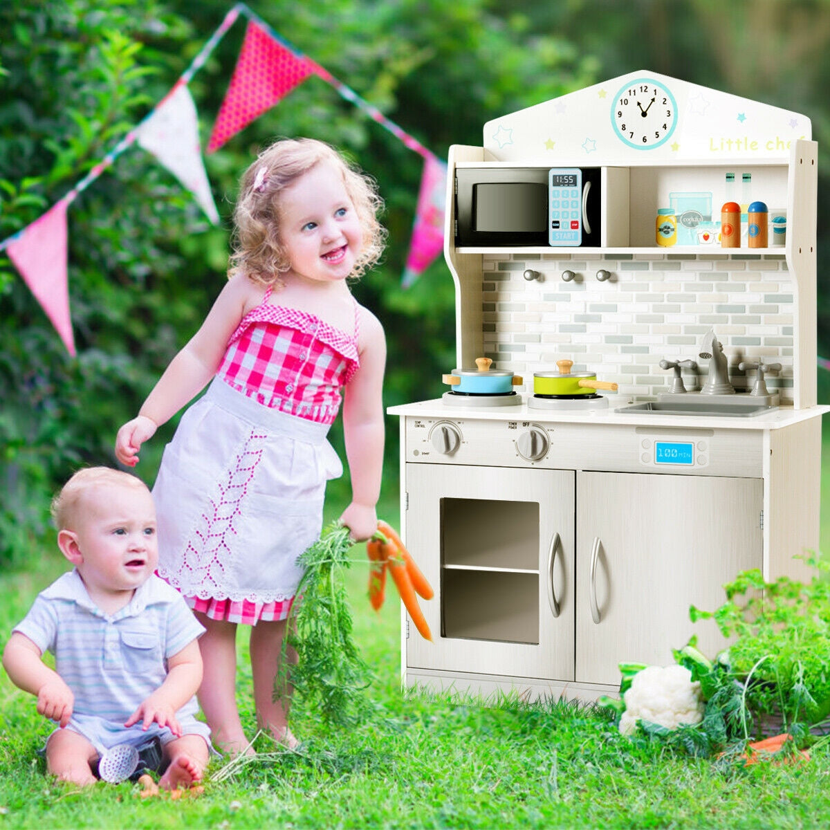 Kids Wooden Pretend Cooking Playset Cookware Kitchen-BeigeÂ 