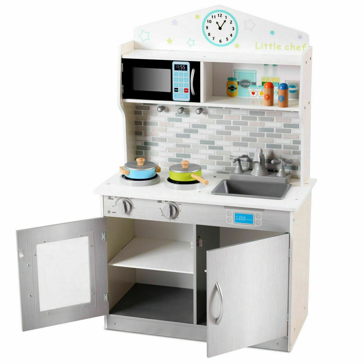 Kids Wooden Pretend Cooking Playset Cookware Kitchen-BeigeÂ 