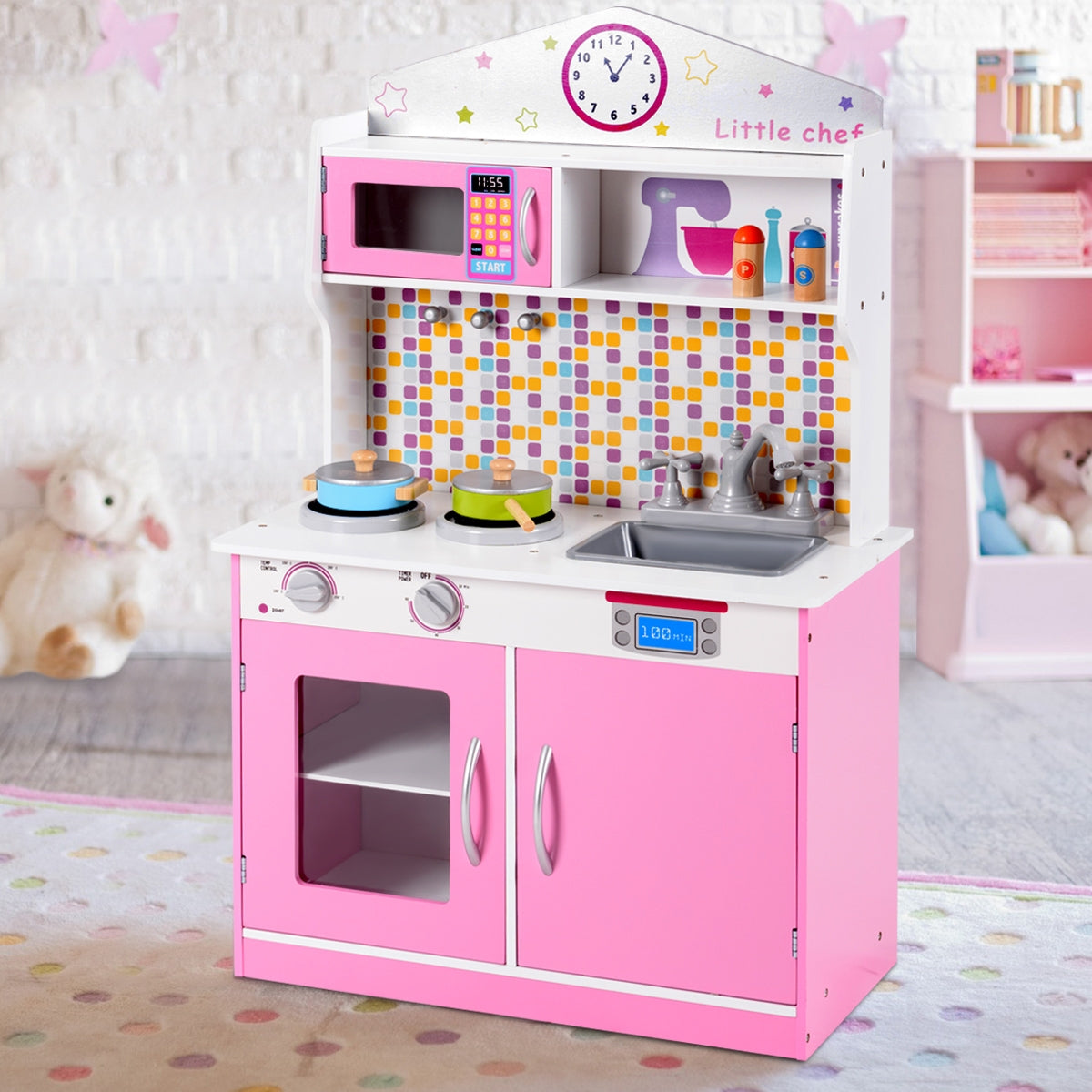Kids Wooden Pretend Cooking Playset Cookware Play Set Kitchen Toys Toddler Gift-PinkÂ 