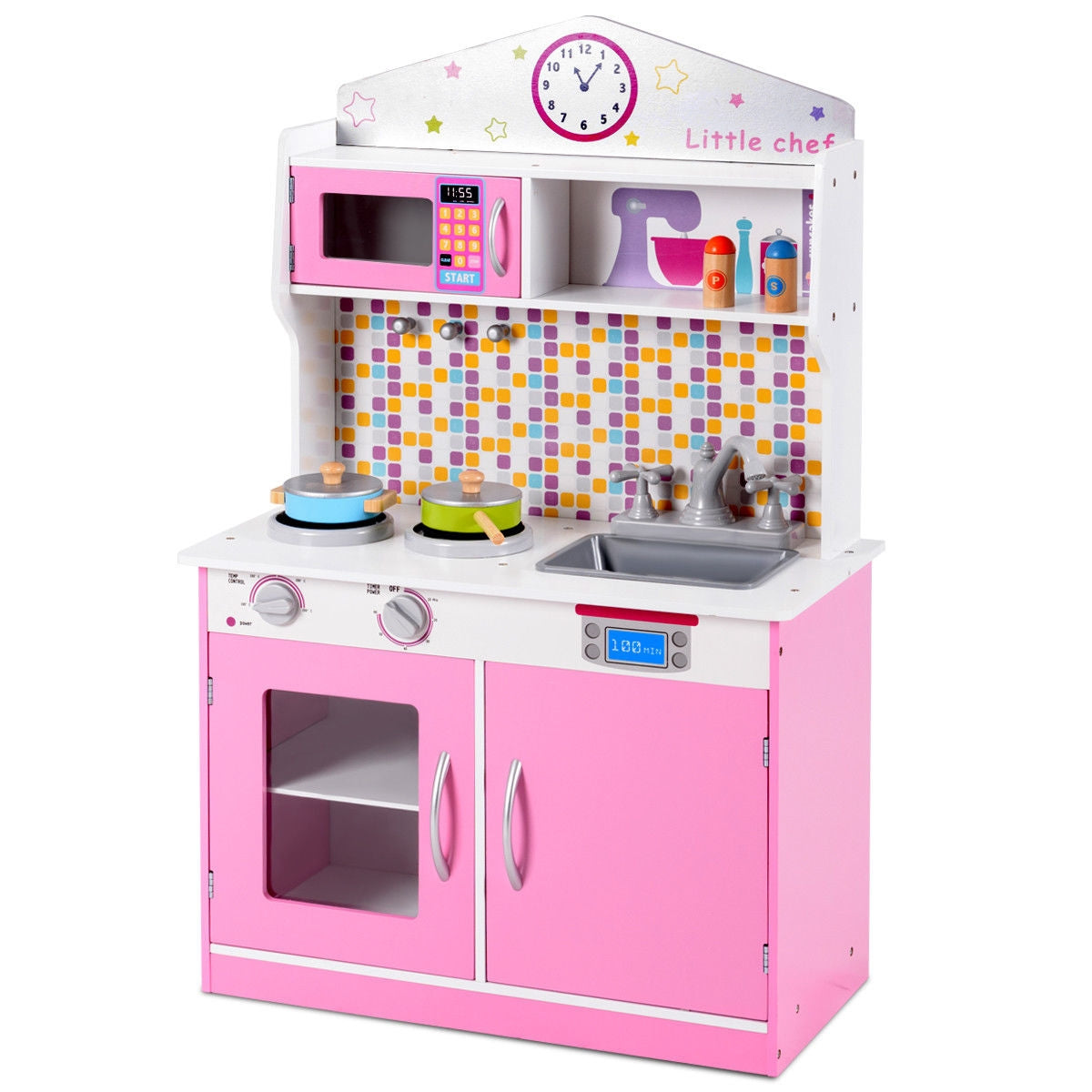 Kids Wooden Pretend Cooking Playset Cookware Play Set Kitchen Toys Toddler Gift-PinkÂ 
