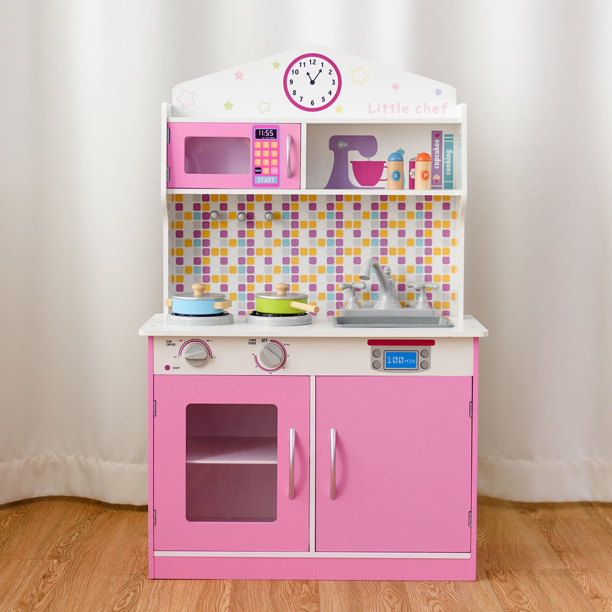 Kids Wooden Pretend Cooking Playset Cookware Play Set Kitchen Toys Toddler Gift-PinkÂ 
