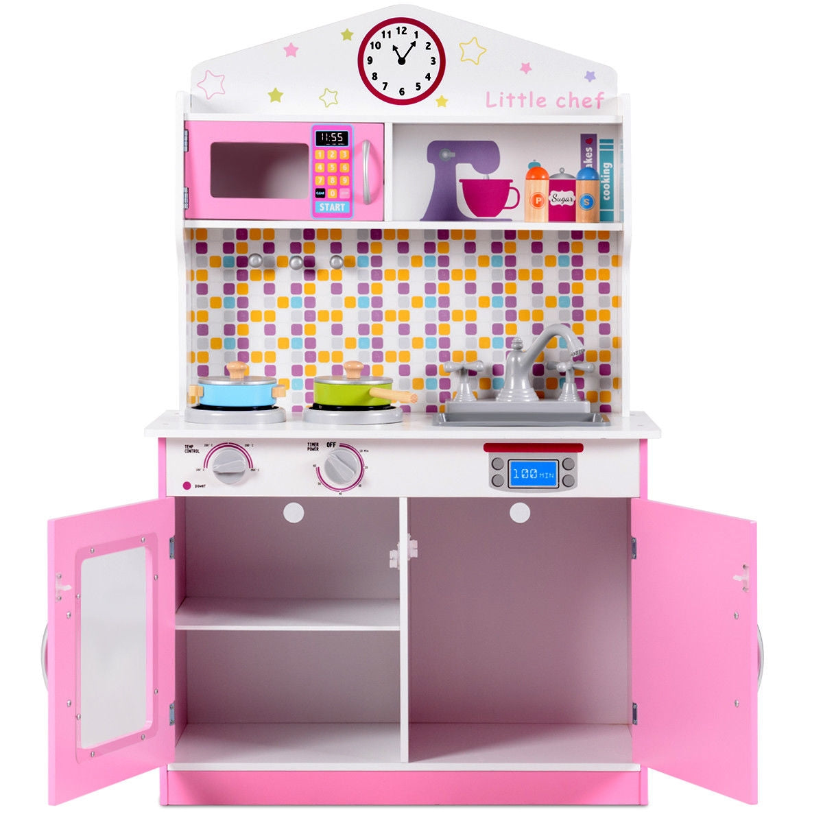 Kids Wooden Pretend Cooking Playset Cookware Play Set Kitchen Toys Toddler Gift-PinkÂ 
