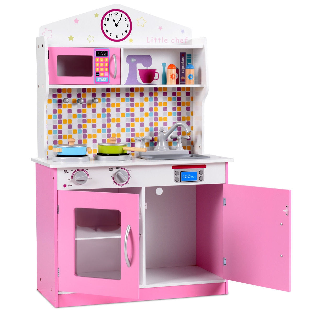 Kids Wooden Pretend Cooking Playset Cookware Play Set Kitchen Toys Toddler Gift-PinkÂ 